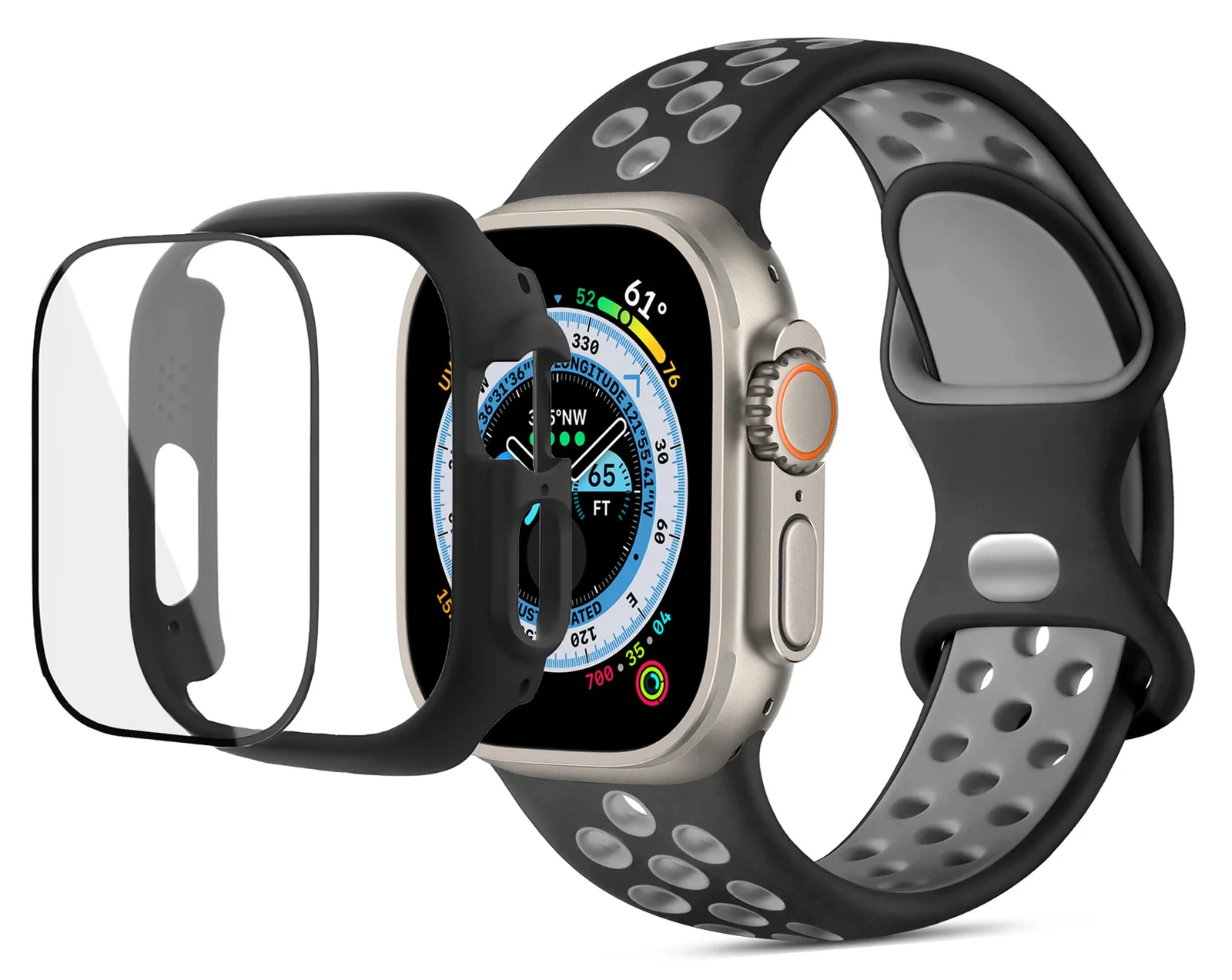 DL3 Mobilak Band with Case For Apple Watch Ultra/Ultra 2 49mm, Adjustable Silicone Sport Wristband Replacement, Strap With Cover Built-in Glass Screen Protector for iWatch Ultra 49 mm - Black & Grey