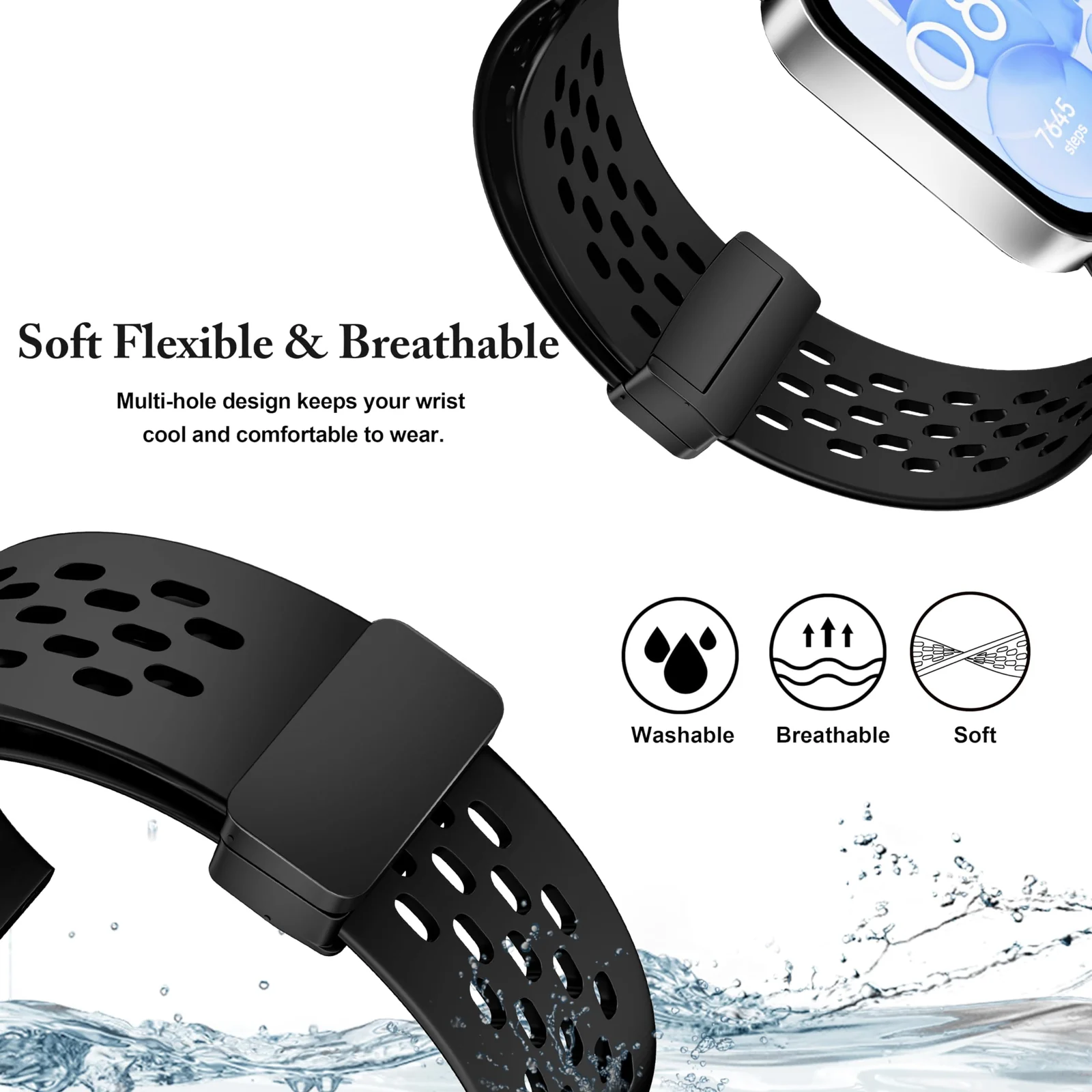 DL3 Mobilak Silicone Strap Compatible with Huawei Watch Fit 3/Fit 4/Fit 4 Pro Magnetic Metal Buckle Sport Silicone Breathable Strap for Men Women Band Quick Release Soft Replacment Wristband - Black