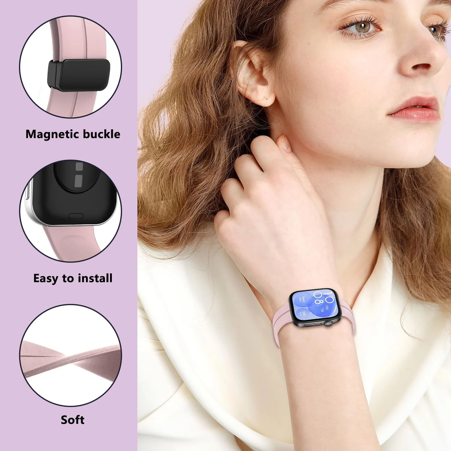DL3 Mobilak Silicone Strap Compatible with Huawei Watch Fit 3/Watch Fit 4 Pro/Fit 4 Magnetic Metal Stainless Buckle Sport Silicone Strap, Band Quick Release Soft Replacment Wristband - Light Pink