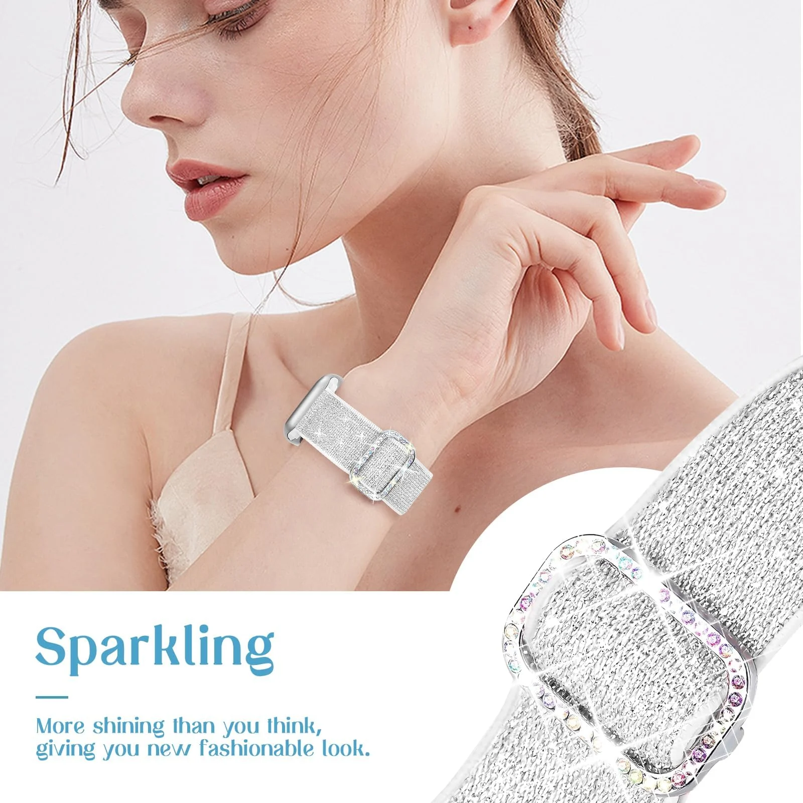 DL3 Mobilak Stretchy Bling Band For Apple Watch 49mm 46mm 45mm 44mm 42mm Women, Nylon Sparkly Strap Solo Loop Glitter Wristband for iWatch Series 10 9 8 7 6 5 4 3 2 1 SE Ultra - Silver