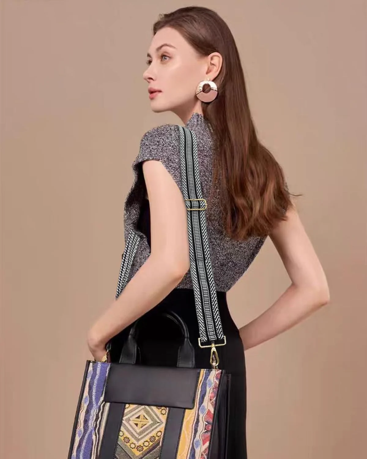 DL3 Mobilak Adjustable Wide Crossbody Bag Strap for Women, Replacement Shoulder Strap for Handbags, Totes & Purses with Elegant Embroidered Pattern and Metal Hooks - Ladder Black