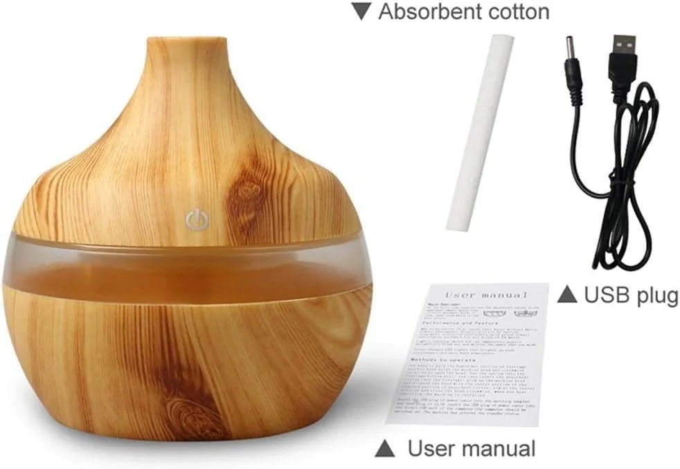 Mobigon Wood Cool Mist Ultrasonic Humidifier for Room Moisture, Aroma Diffuser for Home, 300ml Essential Oil Diffuser with 7 Colorful Night Light, Auto Shut-Off, Home, Office, car - D.Light Brown