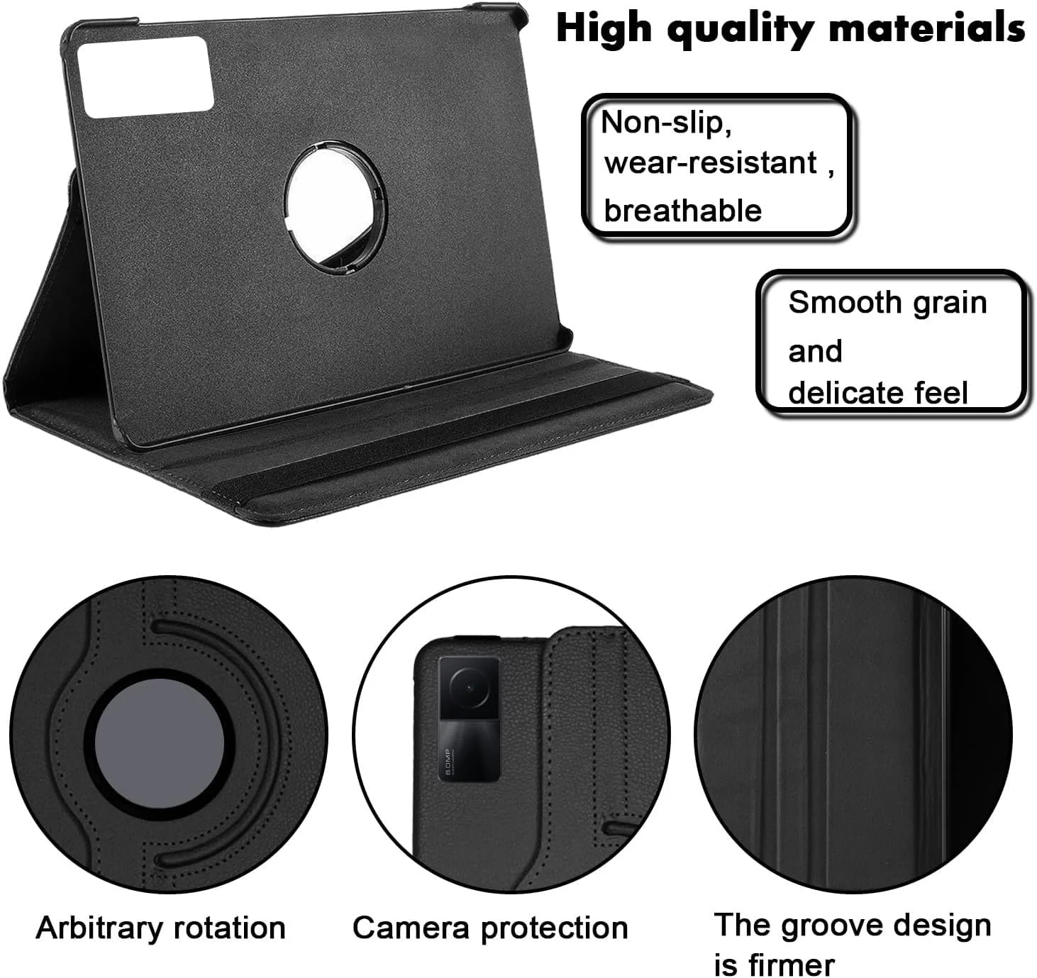 DL3 Mobilak Protective Cover for Xiaomi Redmi Pad SE 11 inch (2023), 360° Rotatable Smart Stand, Leather Folio Flip Cover with Multi-Angle Viewing, Auto Wake Sleep - Black