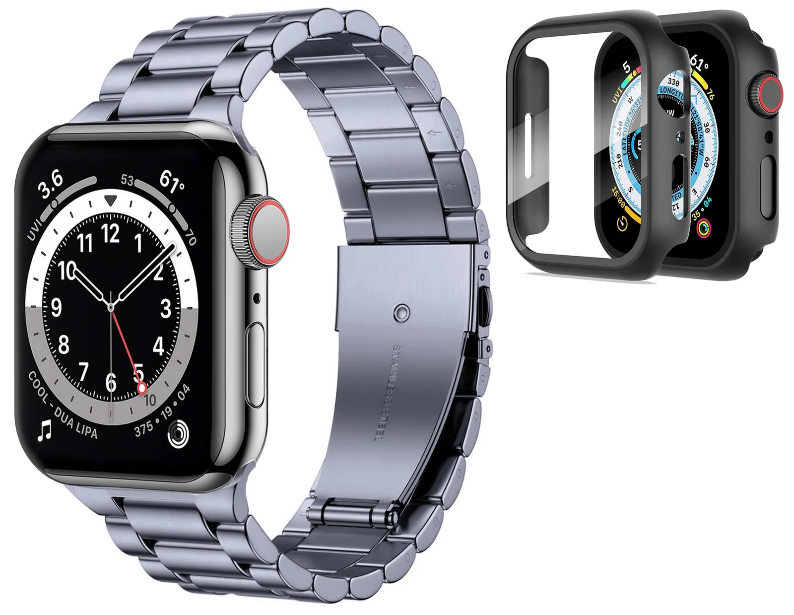 DL3 Mobilak Stainless Steel Band with Case Compatible with Apple Watch Band 45mm Series 9/8/7, Men Woman Business Strap with Protective Bumper Cover for iWatch Series 7/8/9 45mm - Gray
