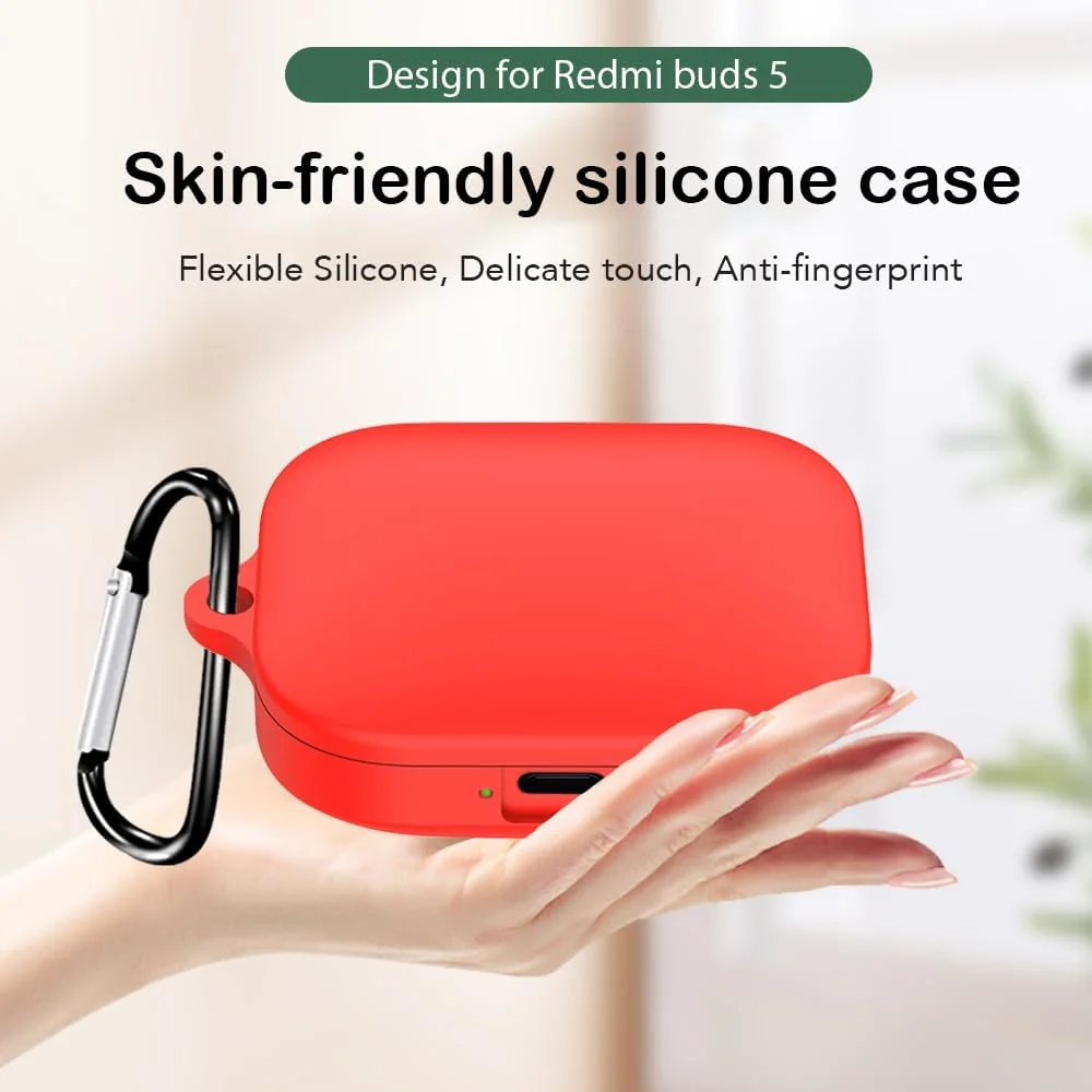 DL3 Mobilak Compatible with Xiaomi Redmi Buds 5 Case Cover, Soft Silicone Shockproof Protective Skin Case for Xiaomi Redmi Buds 5 Wireless Earbuds with Carabiner - Red