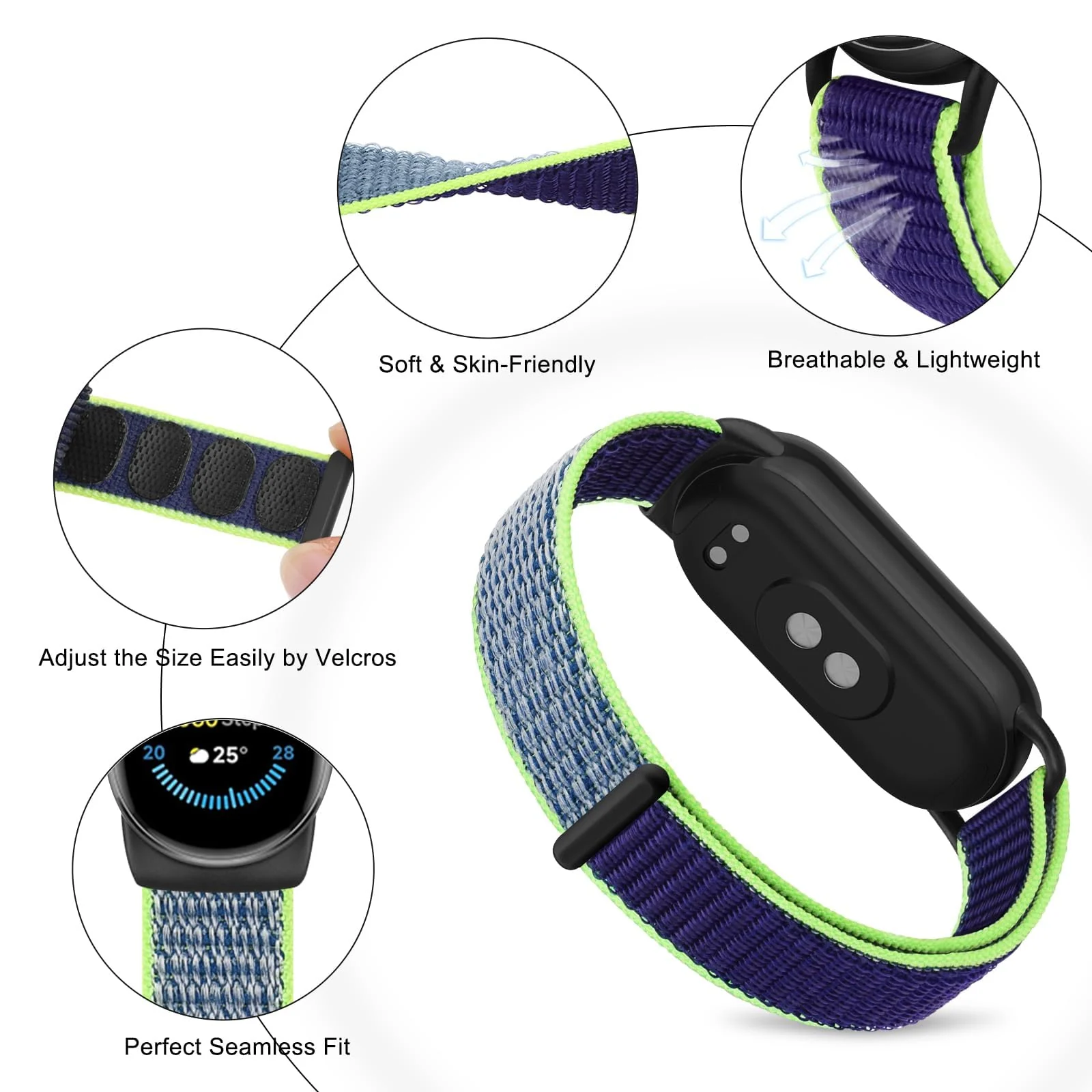 DL3 Mobilak Nylon Sport Band Compatible with Xiaomi Mi Band 10/9/8 for Women Men, Soft Adjustable Breathable Sport Loop Watch Strap Replacement Wristband for Xiaomi Smart Band 8/9/10 - Lime