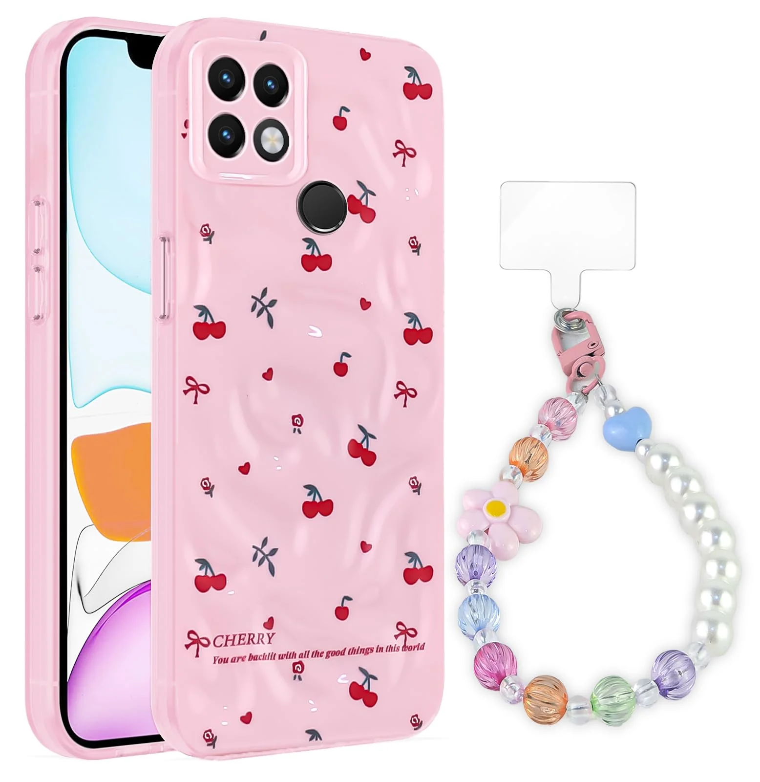 Dl3 Mobilak Case Compatible with OPPO A15 / OPPO A15S, Cute Printed Soft TPU Phone Cover with Beaded Wrist Strap, Shockproof Camera Protection, Slim Protective Case for Women & Girls - Style 1