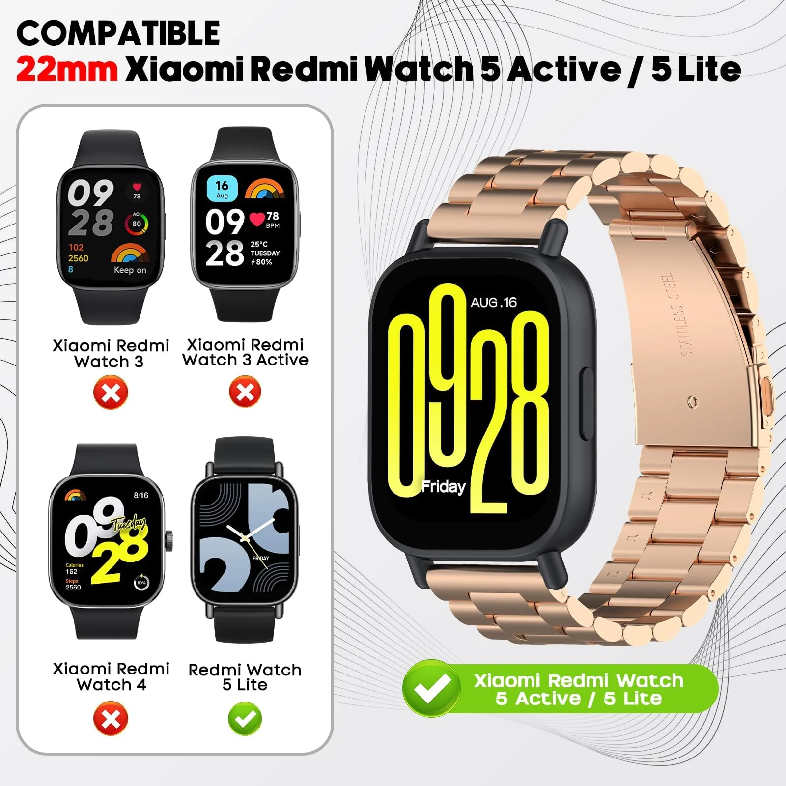 DL3 Mobilak Metal Bracelet Compatible with Xiaomi Redmi Watch 5 Active/Redmi Watch 5 Lite, 22mm Stainless Steel Replacement Band with Folding Clasp, Adjustable Replacement Bracelet Wristband - Rose Gold