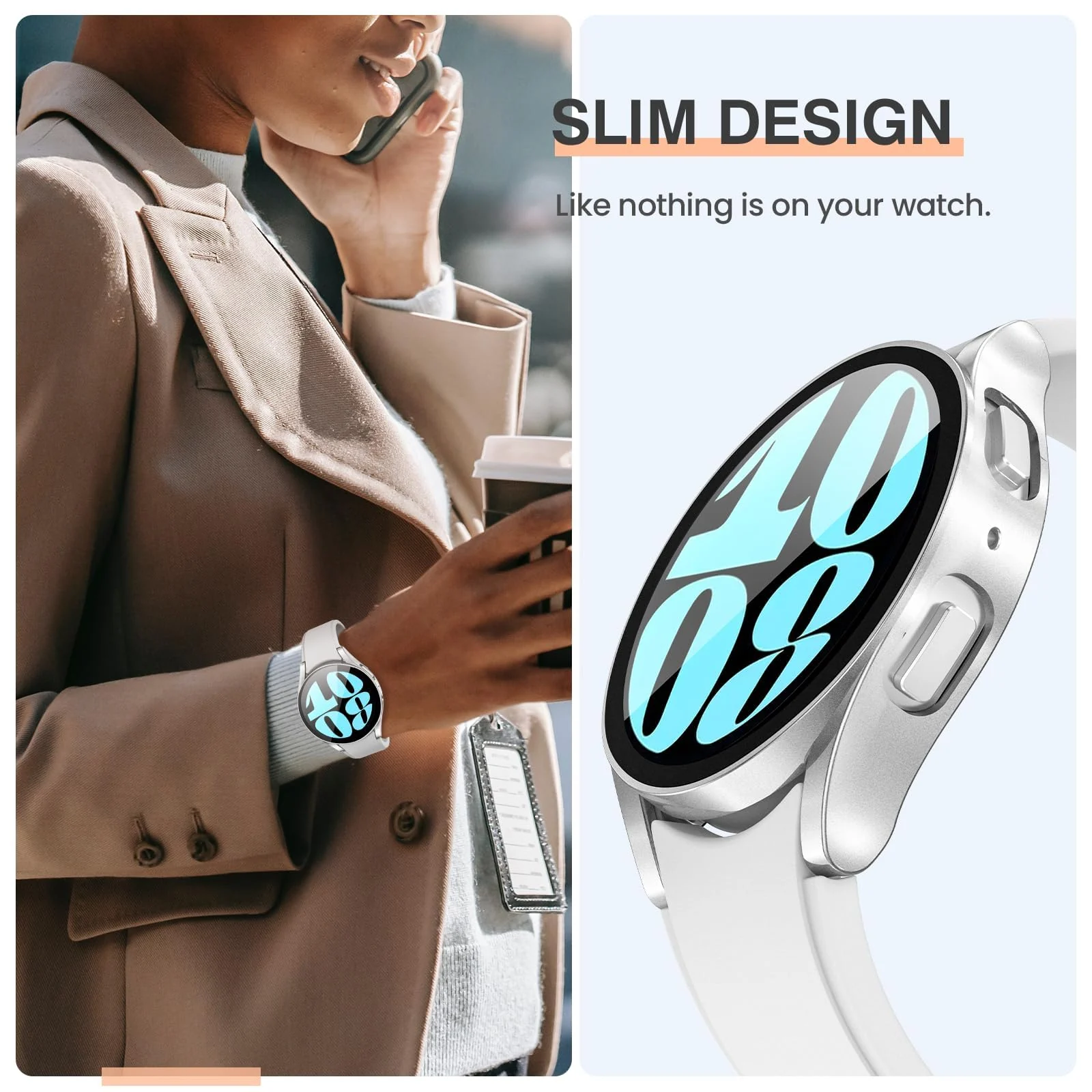 DL3 Mobilak Case with Screen Protector for Samsung Galaxy Watch 6 44mm, Overall Protective Cover, Built-in Tempered Glass Film High Sensitivity - Silver