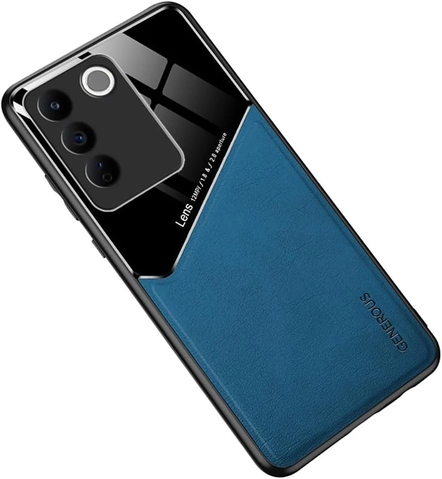 DL3 Mobilak Leather and PC Protective Case for vivo V27e / vivo S16e, Built-in magnetic car-mount support, Shock-absorbing protection, Raised edges around the screen and camera - Blue
