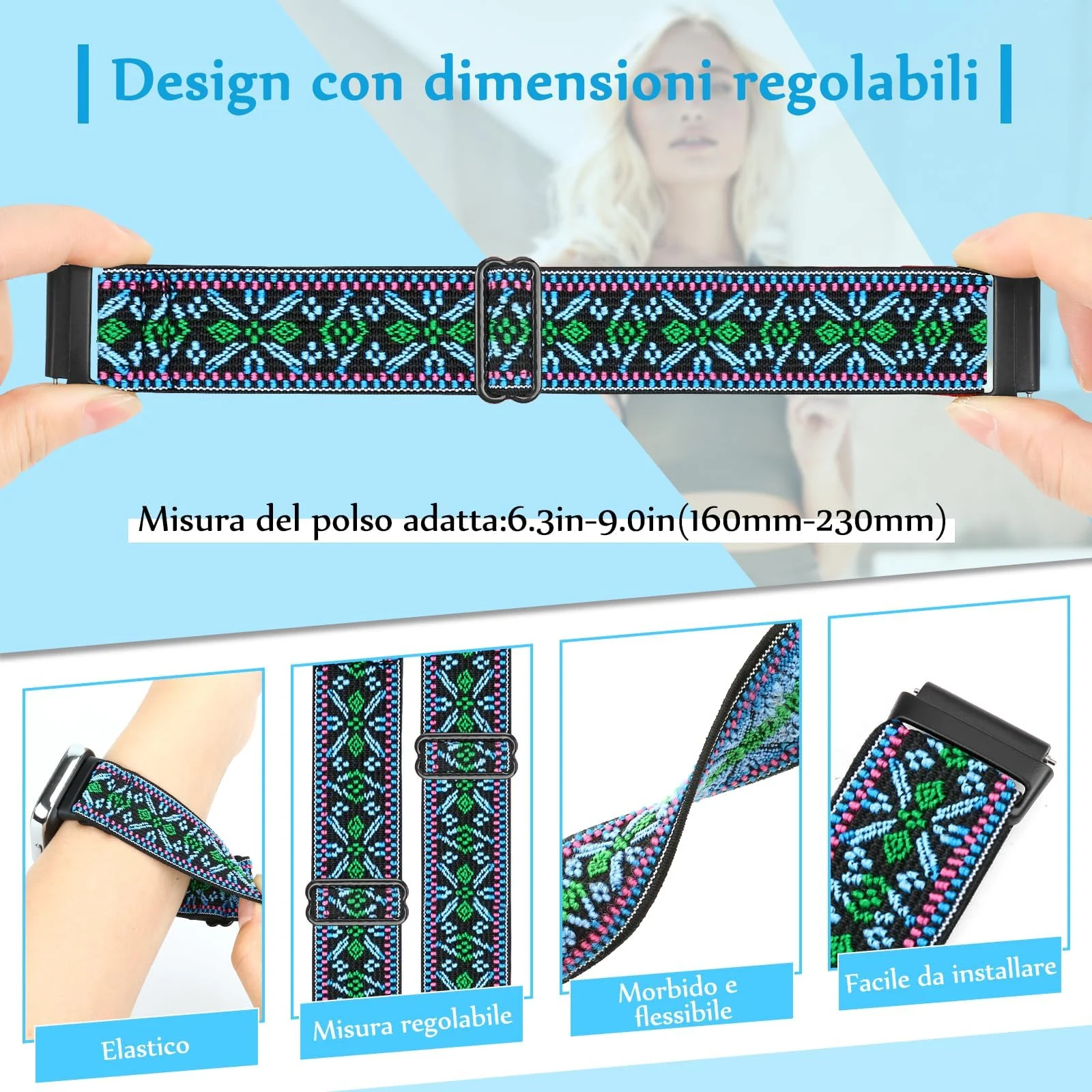 DL3 Mobilak Nylon Strap For Redmi Watch 4/Redmi Watch 5/Xiaomi Smart Band 8 Pro/Band 9 Pro, Soft Elastic Nylon Straps, Adjustable Stretchy Sports Replacement Bracelets Wristbands for Women Men - Blue Green