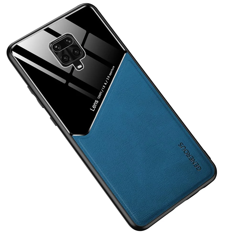 DL3 Mobilak Faux Leather and Plexiglass Protective Case with TPU Frame and Magnetic Car-Mount Support for Xiaomi Redmi Note 9S / 9 Pro / 9 Pro Max - Blue