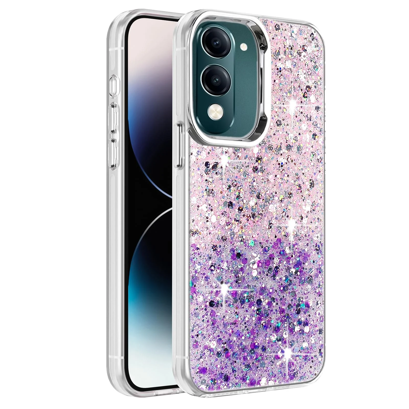Dl3 Mobilak Compatible with Vivo Y04 / Vivo Y29s 5G Case, Clear Glitter Bling Sparkly, Soft TPU Frame Bumper, Hard-Back Cover for Women & Girls, Transparent Protective Phone Case (Pink Green)