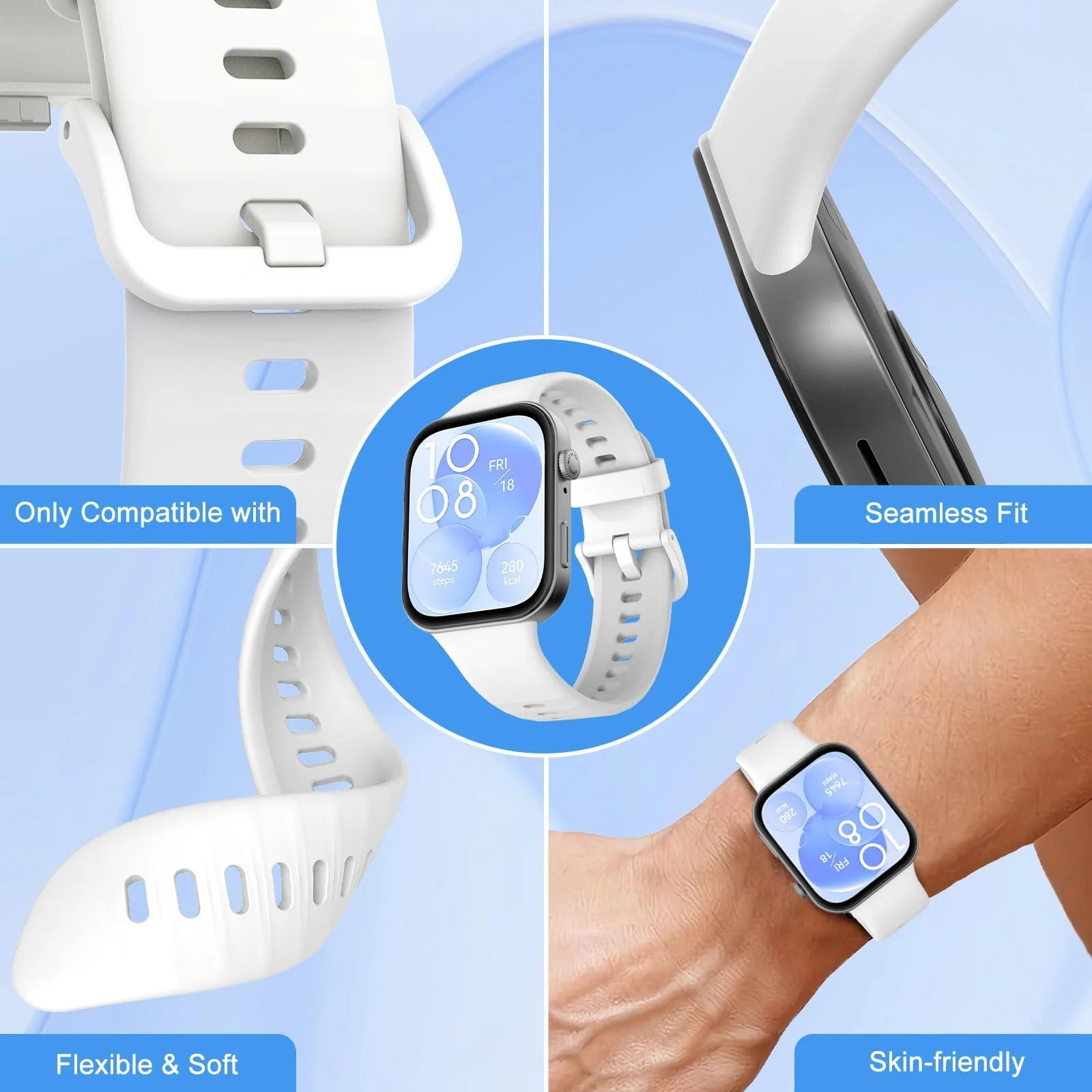DL3 Mobilak Silicone Bracelet for Huawei Watch Fit 3/Watch Fit 4 Pro/Fit 4 Strap, Soft Silicone Sport Replacement Strap for Women/Men, Adjustable Waterproof Sports Band - White
