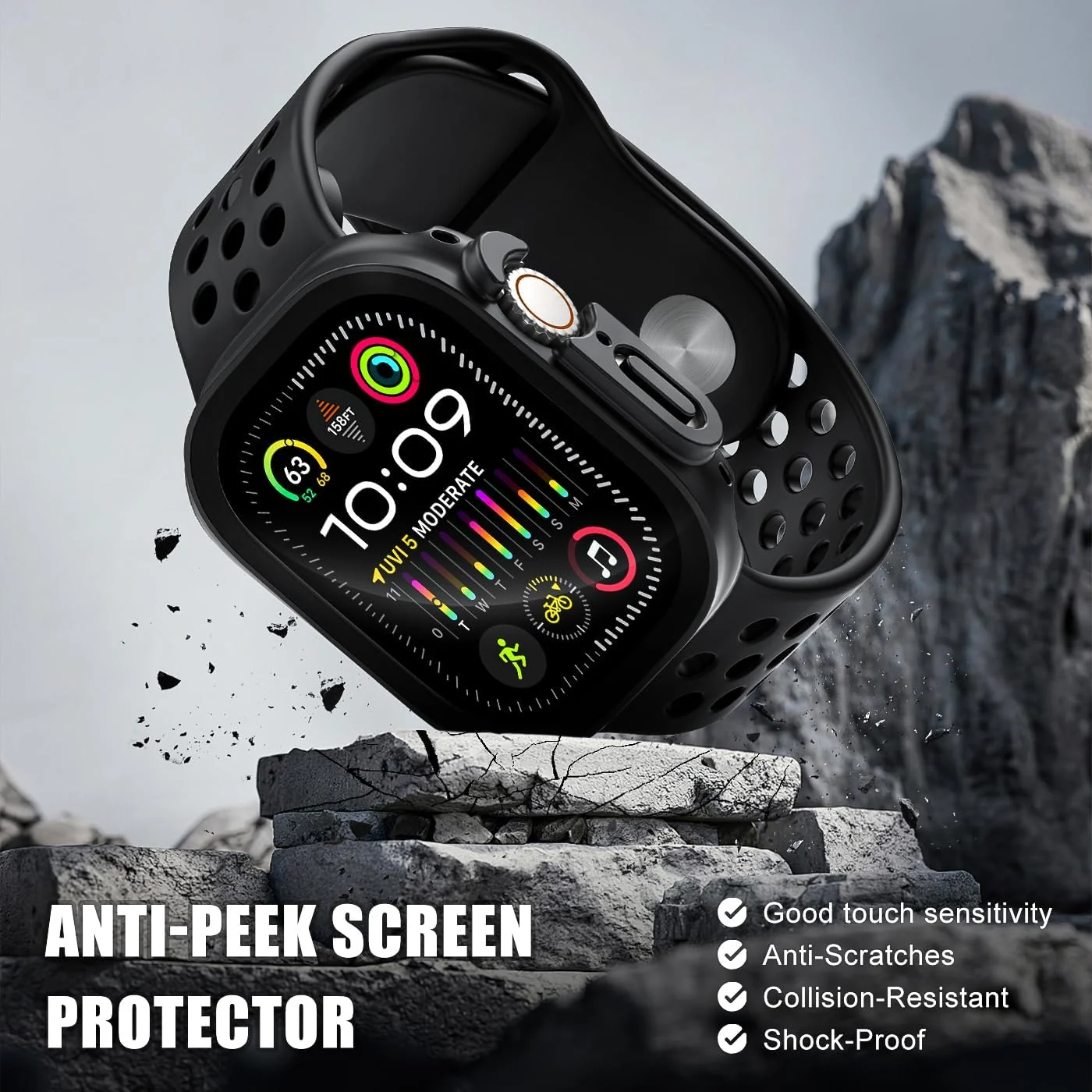 DL3 Mobilak Cover for Apple Watch Ultra 3/2/1 49mm Privacy Screen Protector Anti Spy, Shockproof Bumper Case, Integrated Hard PC Protective Case in HD Tempered Glass for Apple Watch Ultra - Black