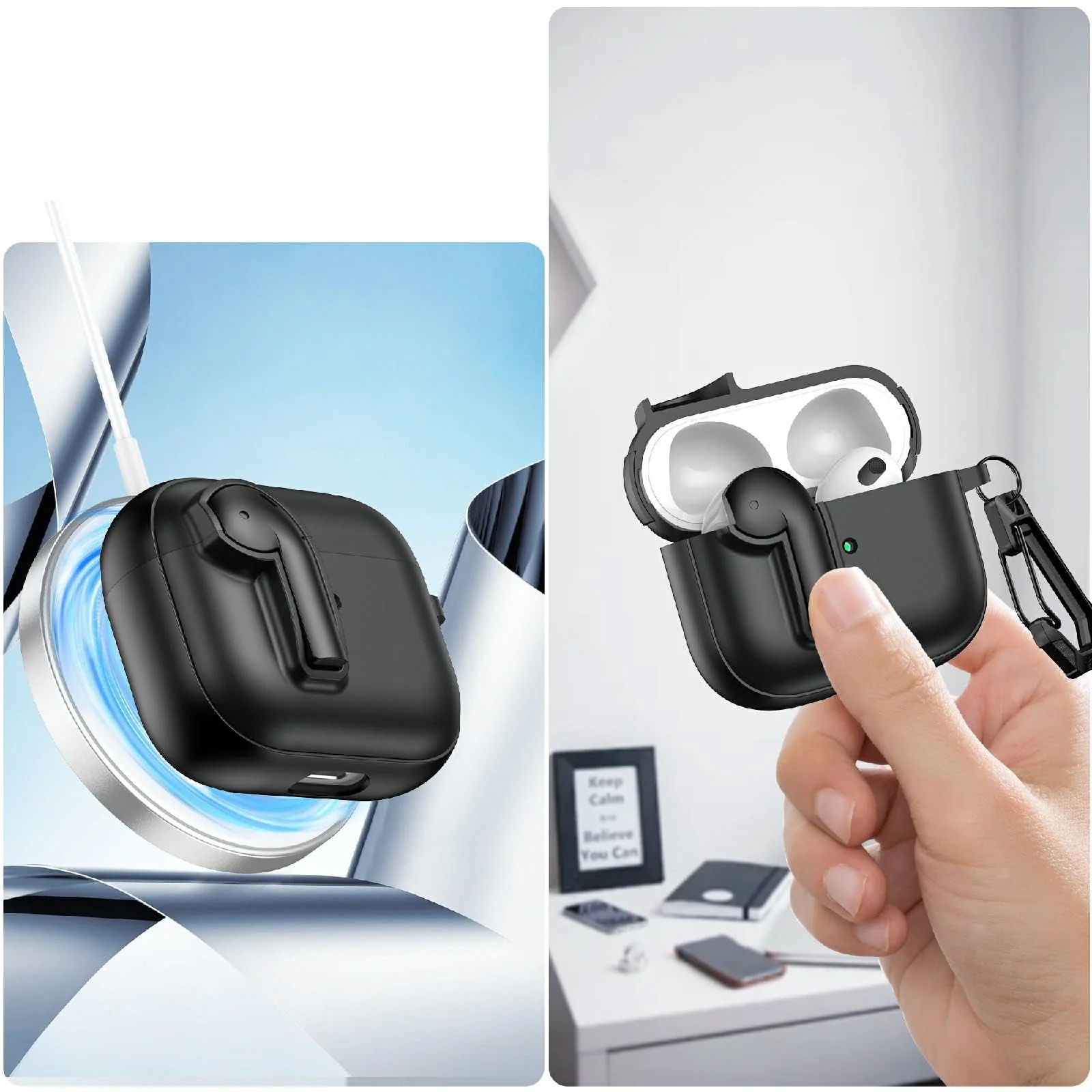 DL3 Mobilak Compatible with AirPods 3 Case with Lock, Cute AirPods 3rd Generation Case Cover, Shockproof Protective Cover for AirPod 3rd 2021 with Keychain - Black Blue