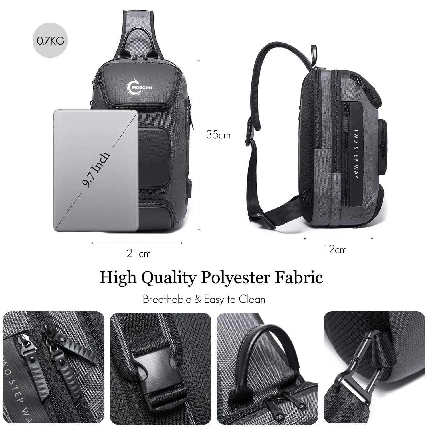 Mobigon Laptop Sling Backpack Anti Theft Bag, Hiking Daypack 13 Inch Fits iPad - Tablet 7 to 9.7 Inch Nylon Travel Bags for Men, Single Shoulder Camping Dayback with USB Charging Port - Gray