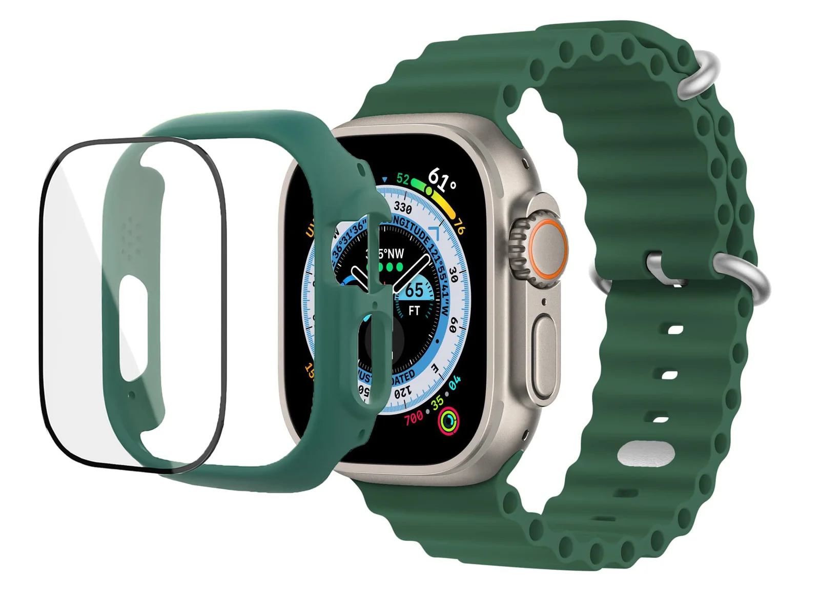 DL3 Mobilak Ocean Band with Case For Apple Watch Ultra 49mm, Adjustable Silicone Sport Loop Ocean Strap Men Women Strap With Protective Cover Screen Shockproof for iWatch Ultra 2 49mm - Green