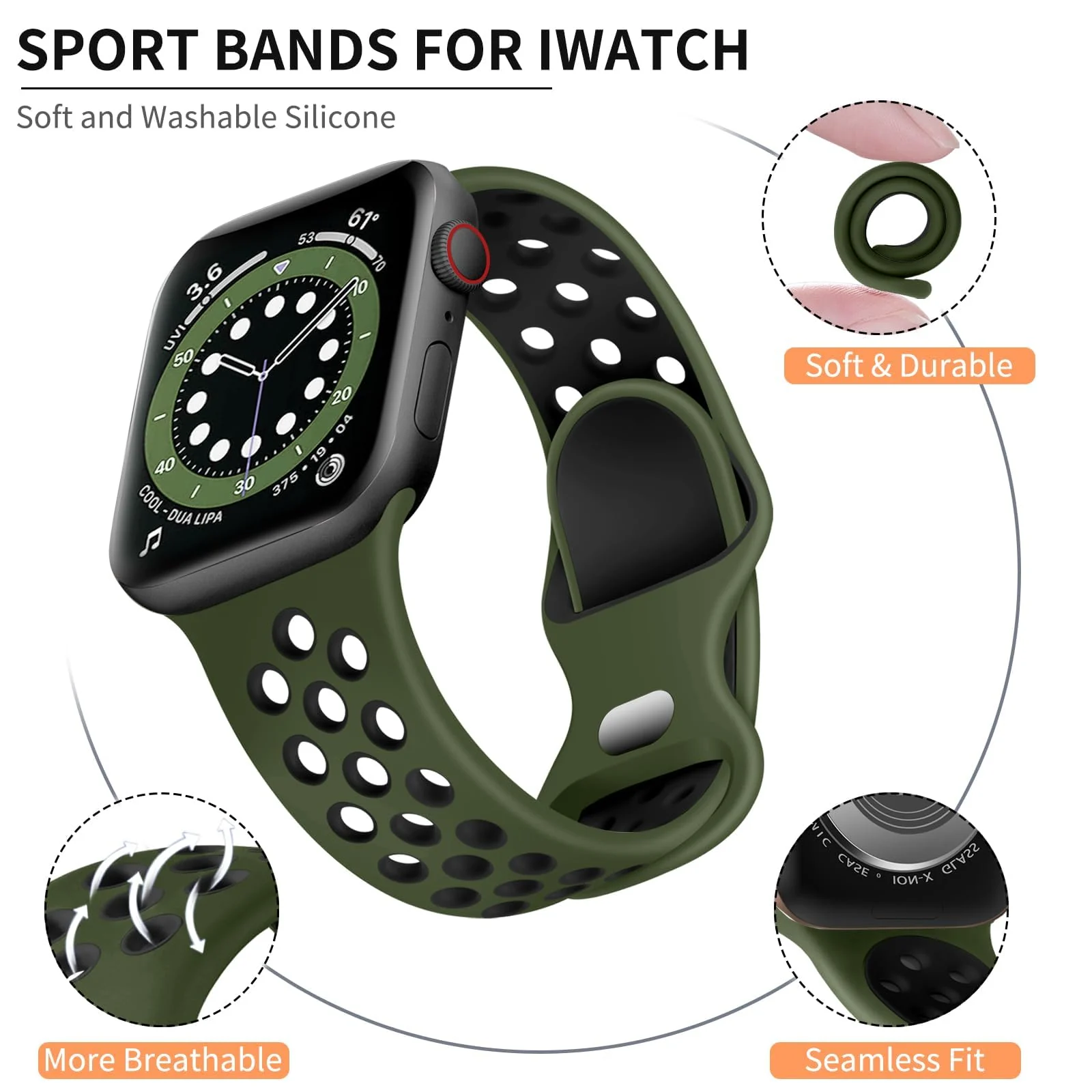 DL3 Mobilak Sport Strap For Apple Watch 49mm 45mm 44mm 42mm 41mm 40mm 38mm, Breathable Silicone Double Hole Band, for iWatch Ultra 2 Series 9 8 7 6 5 4 3 SE (Army &, 38mm/40mm/41mm) - Army Green & Black