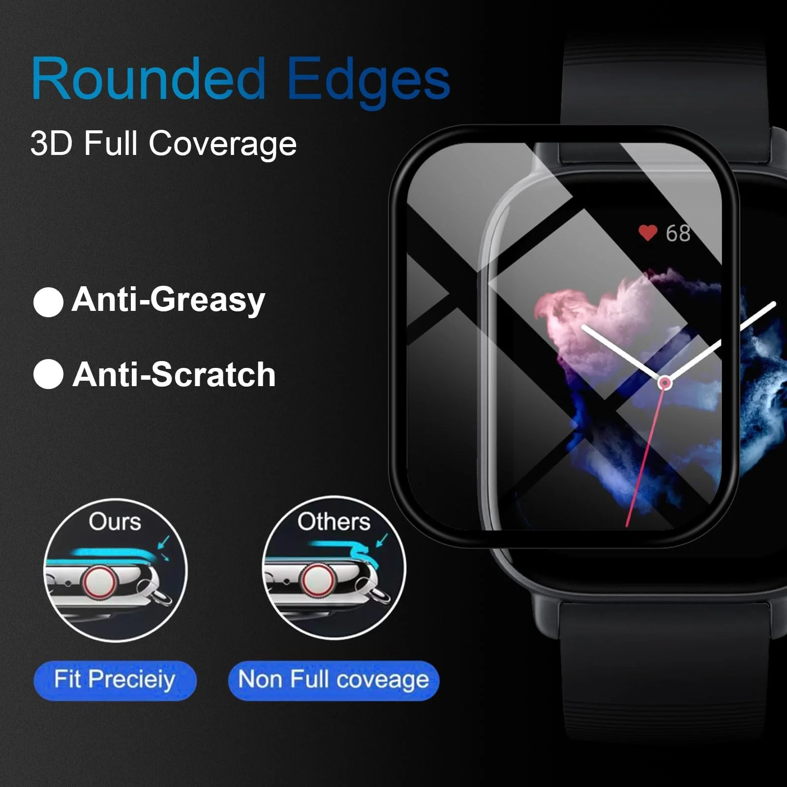 DL3 Mobilak Screen Protector For Amazfit GTS 4 / Amazfit GTS 3, 3D Curved Soft Edge Protective Film [Anti-Scratch] [Bubble Free] [Ultra Shatterproof] [High Sensitive] (Not Glass) - Black