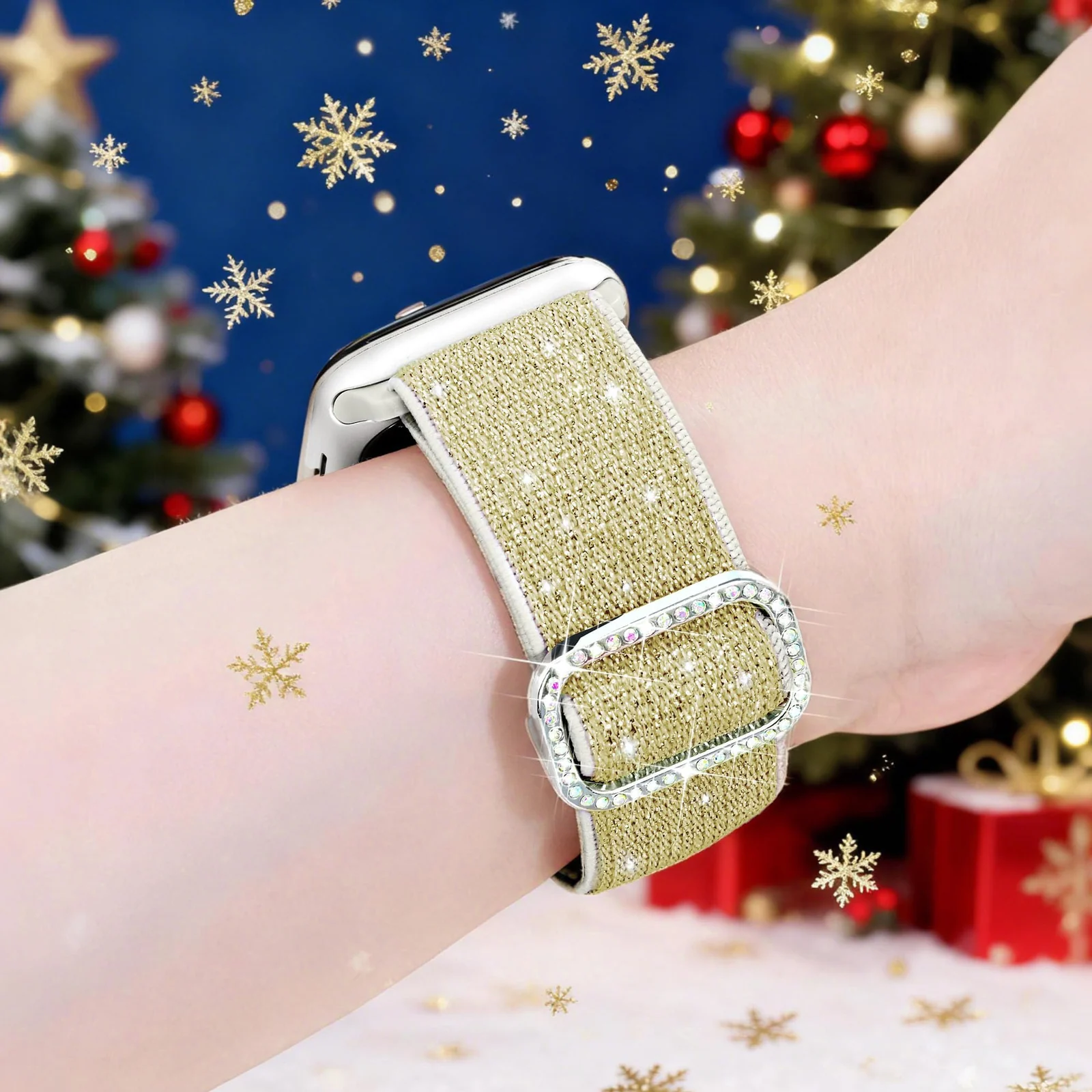 DL3 Mobilak Stretchy Bling Band For Apple Watch 49mm 46mm 45mm 44mm 42mm Women, Nylon Sparkly Strap Solo Loop Glitter Wristband for iWatch Series 11 10 9 8 7 6 5 4 SE3 SE2 SE Ultra 3 2 1 - Gold White