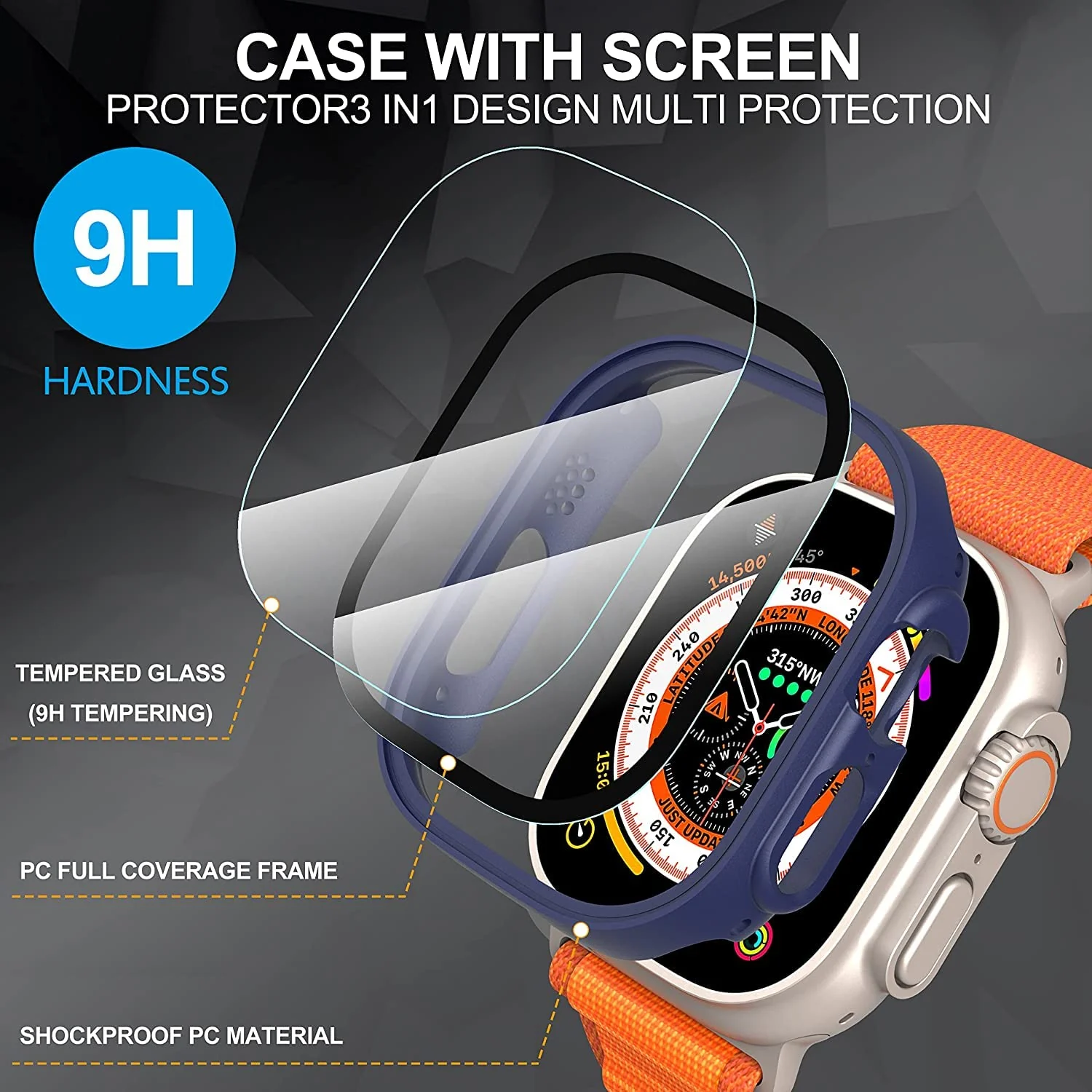 DL3 Mobilak Hard Case Designed for Apple Watch Ultra 2 (2023) / Ultra 1 49mm, Built-in 9H [HD Clear] Tempered Glass Screen Protector, [Full Protection] Slim Cover for iWatch 49mm - Blue