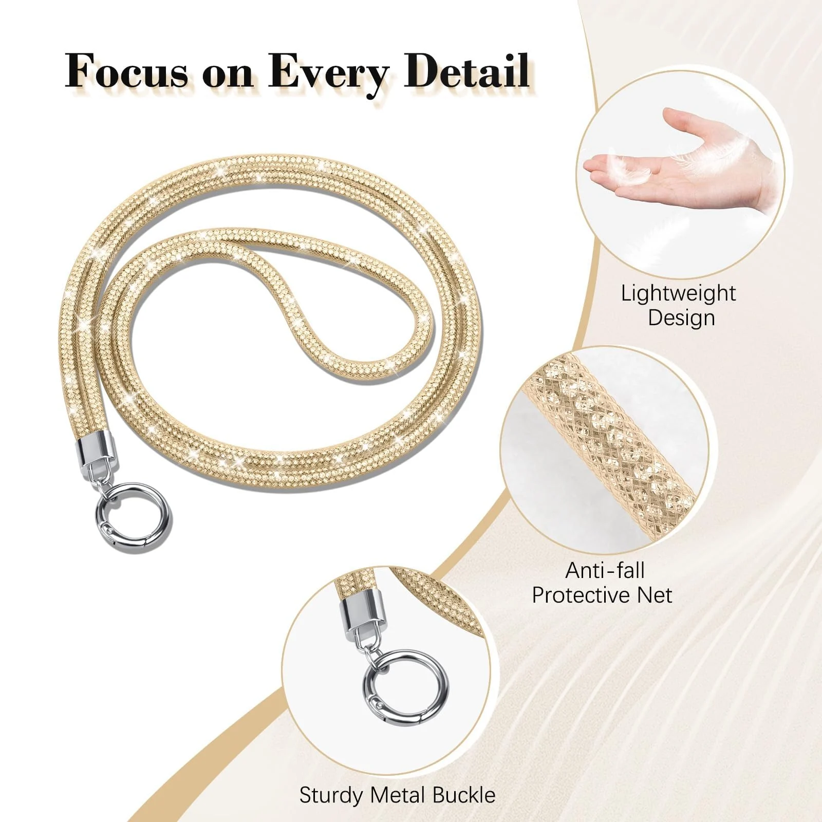 DL3 Mobilak Universal Phone Lanyard Crossbody, Rhinestone Cell Phone Chain Anti-Theft with 1× Shiny Phone Strap, 1× Pad for Most Smartphones, Diamond Phone Neck Holder for Women - A-Gold