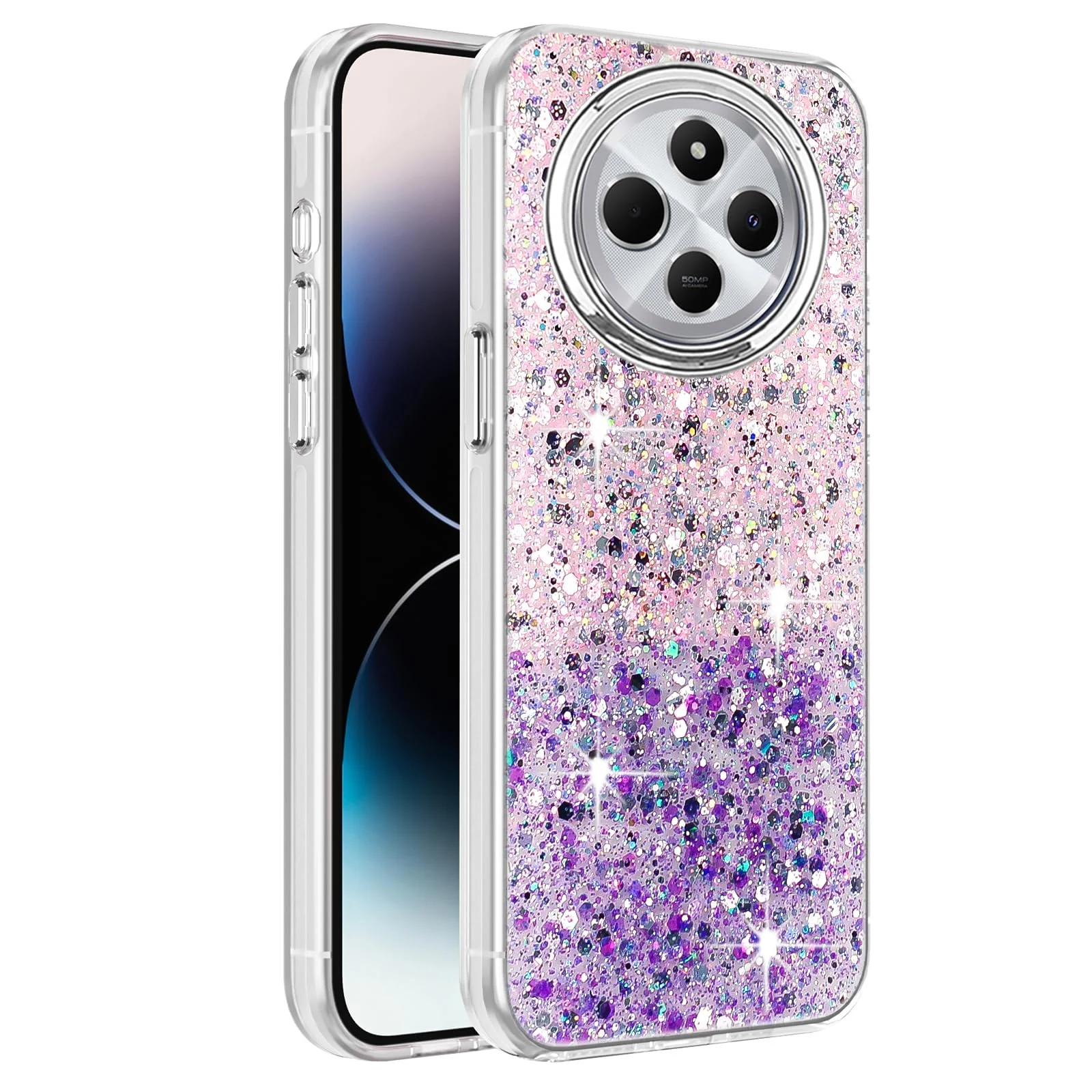 DL3 Mobilak Compatible with Xiaomi Redmi 14C 4G/Poco C75 Case, Clear Glitter Bling Sparkly, Soft TPU Frame Bumper, Hard-Back Cover for Women & Girls, Transparent Protective Phone Case - Pink Purple