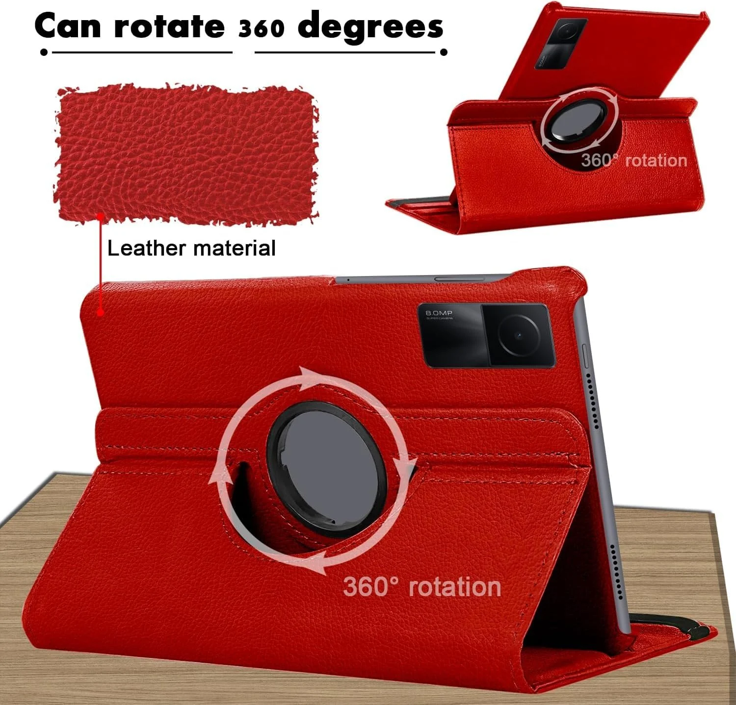 DL3 Mobilak Protective Cover for Xiaomi Redmi Pad SE 11 inch (2023), 360° Rotatable Smart Stand, Leather Folio Flip Cover with Multi-Angle Viewing, Auto Wake Sleep - Red