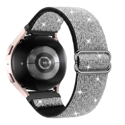 20MM Bnad Nylon Loop For Samsung Galaxy Watch 7/6/5/4 40MM 44MM/Watch 5 Pro 45MM/S2 classic/active 2 40MM 44MM Stretch Strap for Amazfit Active 2/GTS 4/3/3 Pro/2/2e/GTS 4 Mini (Silver/Black)