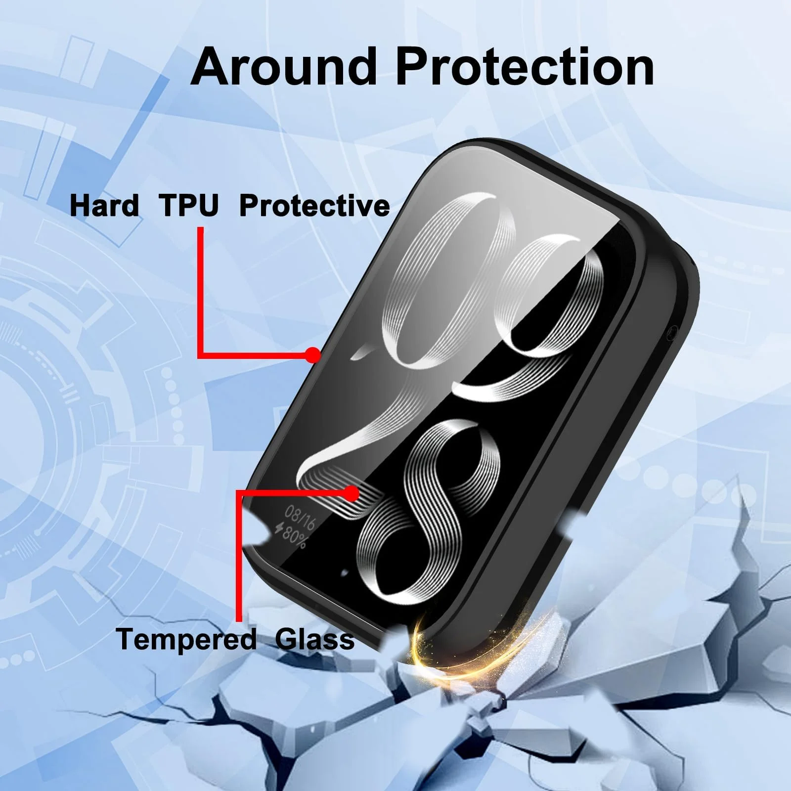 DL3 Mobilak Protective Case compatible with Xiaomi Smart Band 8 Pro/Mi Band 8 Pro, All-around Flexible TPU Case with Built-in Screen Protector, Soft Frame & Shockproof Cover - Black
