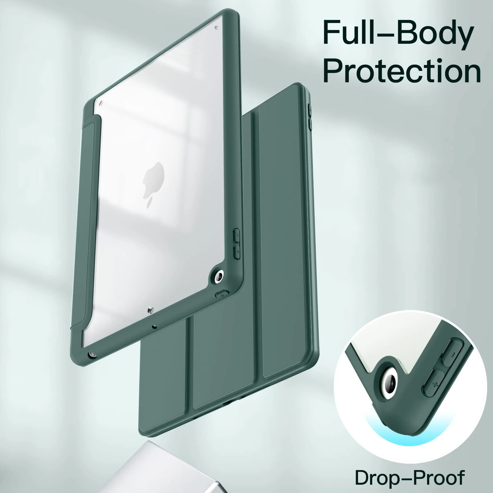 DL3 Mobilak Case for iPad 10.2-Inch (9th/8th/7th Generation, 2021/2020/2019), Clear Shockproof Back Cover Built-in Pencil Holder, Auto Sleep/Wake - Green