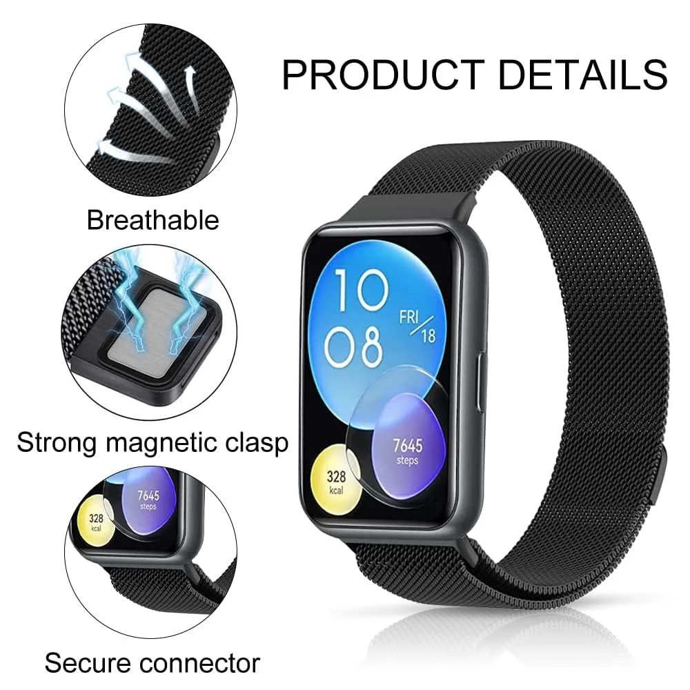 DL3 Mobilak Bracelet Compatible with Huawei Watch Fit 2, Stainless Steel Replacement Strap, Mesh Metal Watch Strap, Magnetic Adjustable Replacement Strap Compatible with Huawei Watch Fit2 - Black