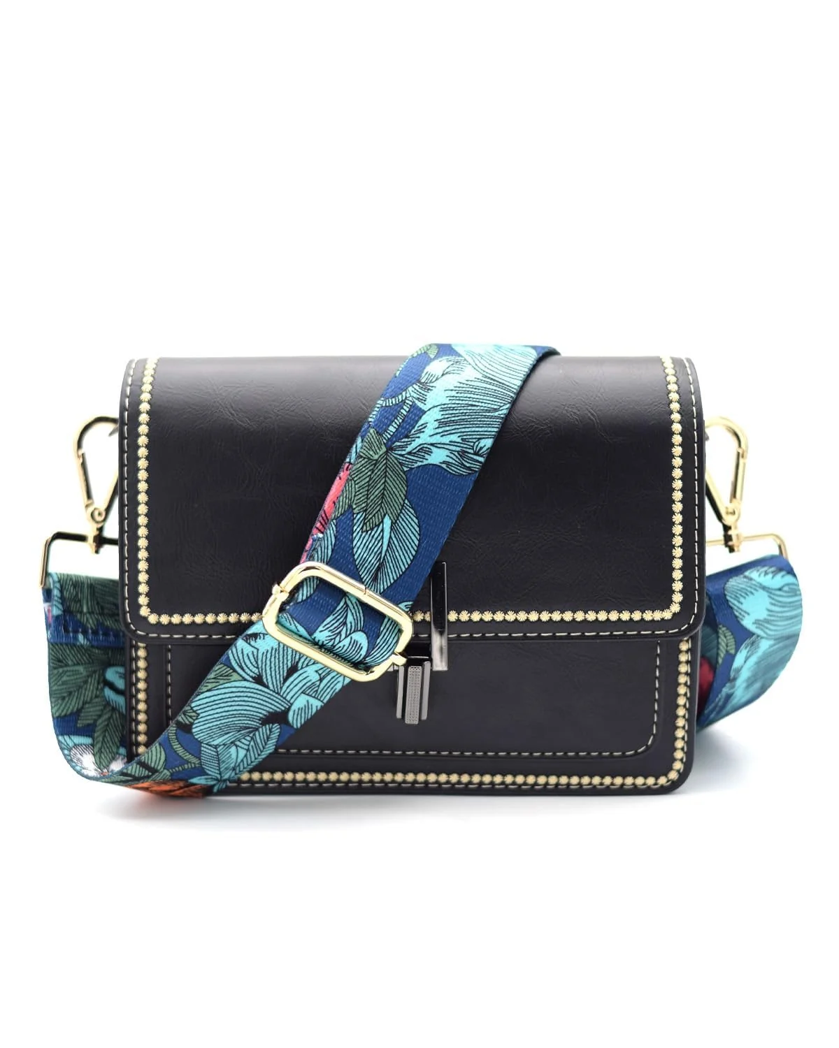 DL3 Mobilak Adjustable Wide Crossbody Bag Strap for Women, Replacement Shoulder Strap for Handbags, Totes & Purses with Elegant Embroidered Pattern and Metal Hooks - Navy Floral