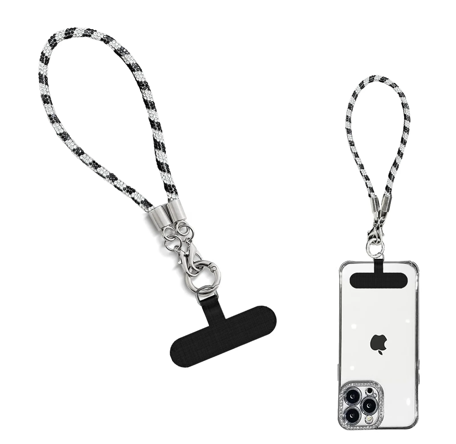 DL3 Mobilak Glitter Phone Wrist Strap, Bling Rhinestone Short Hand Lanyard Bracelet with Keychain & Card Holder, Universal Mobile Phone Chain & Handbag Strap for Women - Black Silver