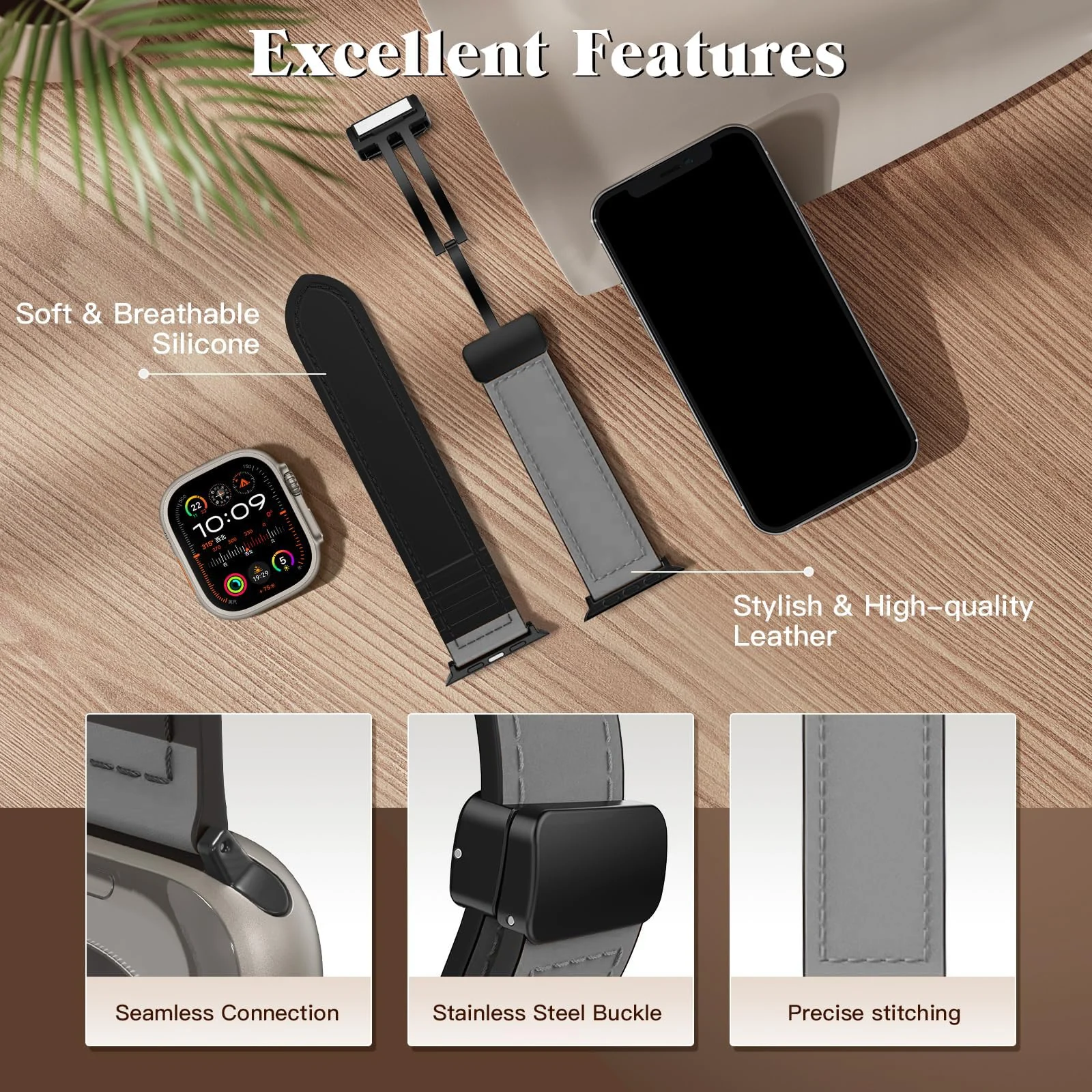 DL3 Mobilak Leather Bands Compatible with Apple Watch Band 49mm 45mm 44mm 42mm, Leather Magnetic Buckle Design Strap For iWatch Ultra Ultra 2 SE Series 9 8 7 6 5 4 3 2 1 Wristband For Men Women - Black
