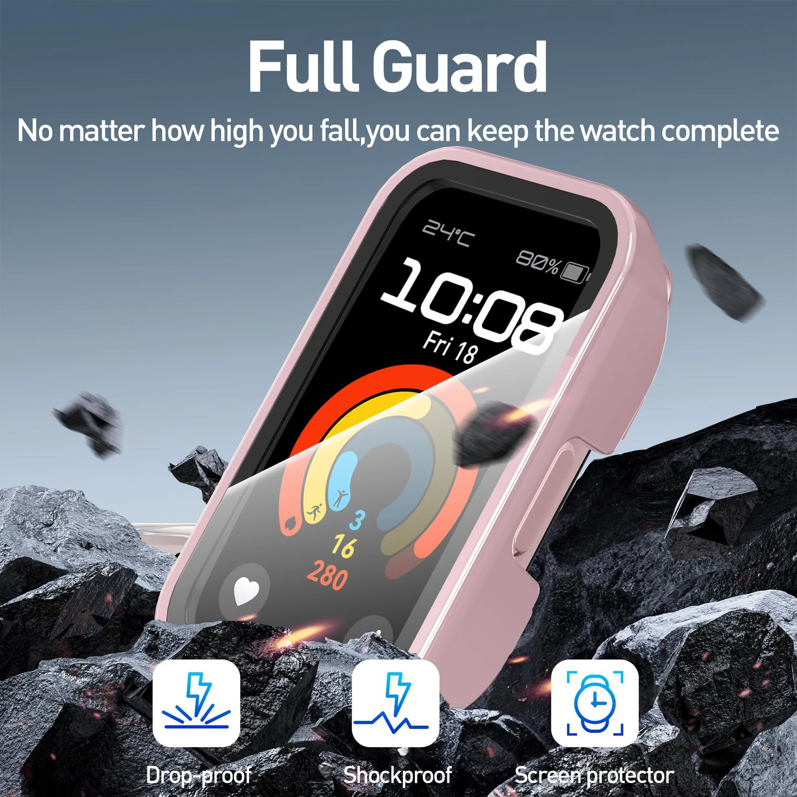 DL3 Mobilak Case with Screen Protector for Huawei Band 10, Bumper Full Coverage Hard PC Overall Protective Cover, Built-in Tempered Glass Film High Sensitivity For Huawei Band 10 - Pink
