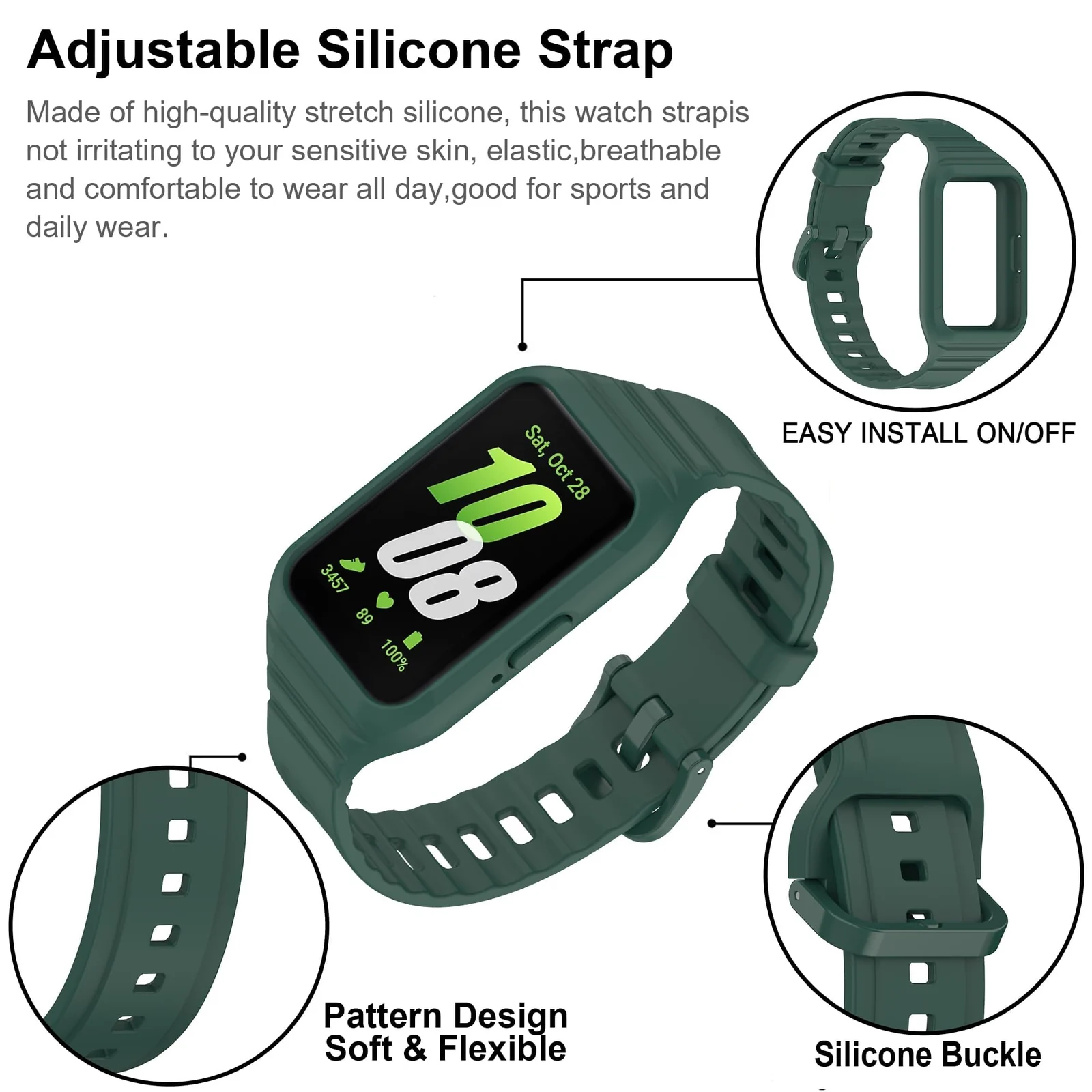 DL3 Mobilak Strap Compatible with Samsung Galaxy Fit 3 SM-R390, Silicone Sport Band Replacement Watchband with Bumper Case for Samsung Galaxy Fit 3, Adjustable Wristband - Dark Green