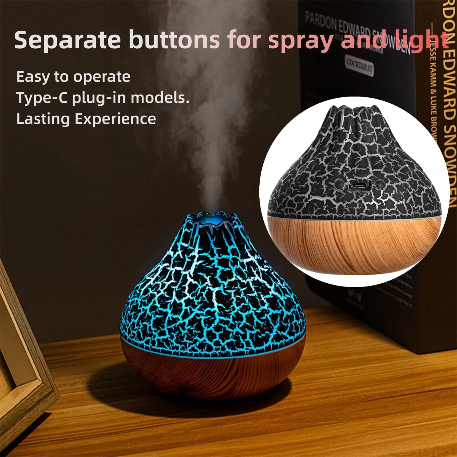 Mobigon Wood Cool Mist Ultrasonic Humidifier for Room Moisture, Aroma Diffuser for Home, 300ml Essential Oil Diffuser with 7 Colorful Night Light, Auto Shut-Off, Home, Office, car - E.Light Brown