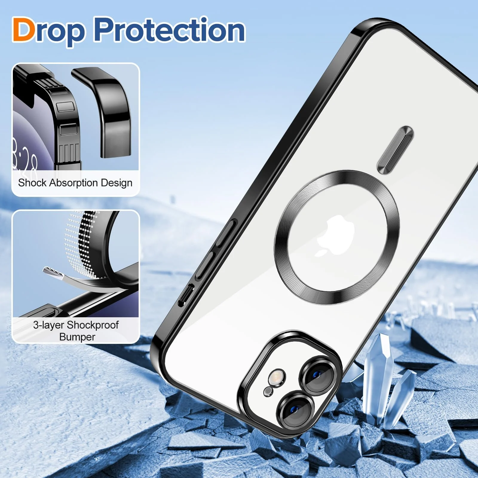 DL3 Mobilak Clear TPU Card Holder Case for iPhone 12 with Camera Protection and Magnetic Car-Mount Support - Black