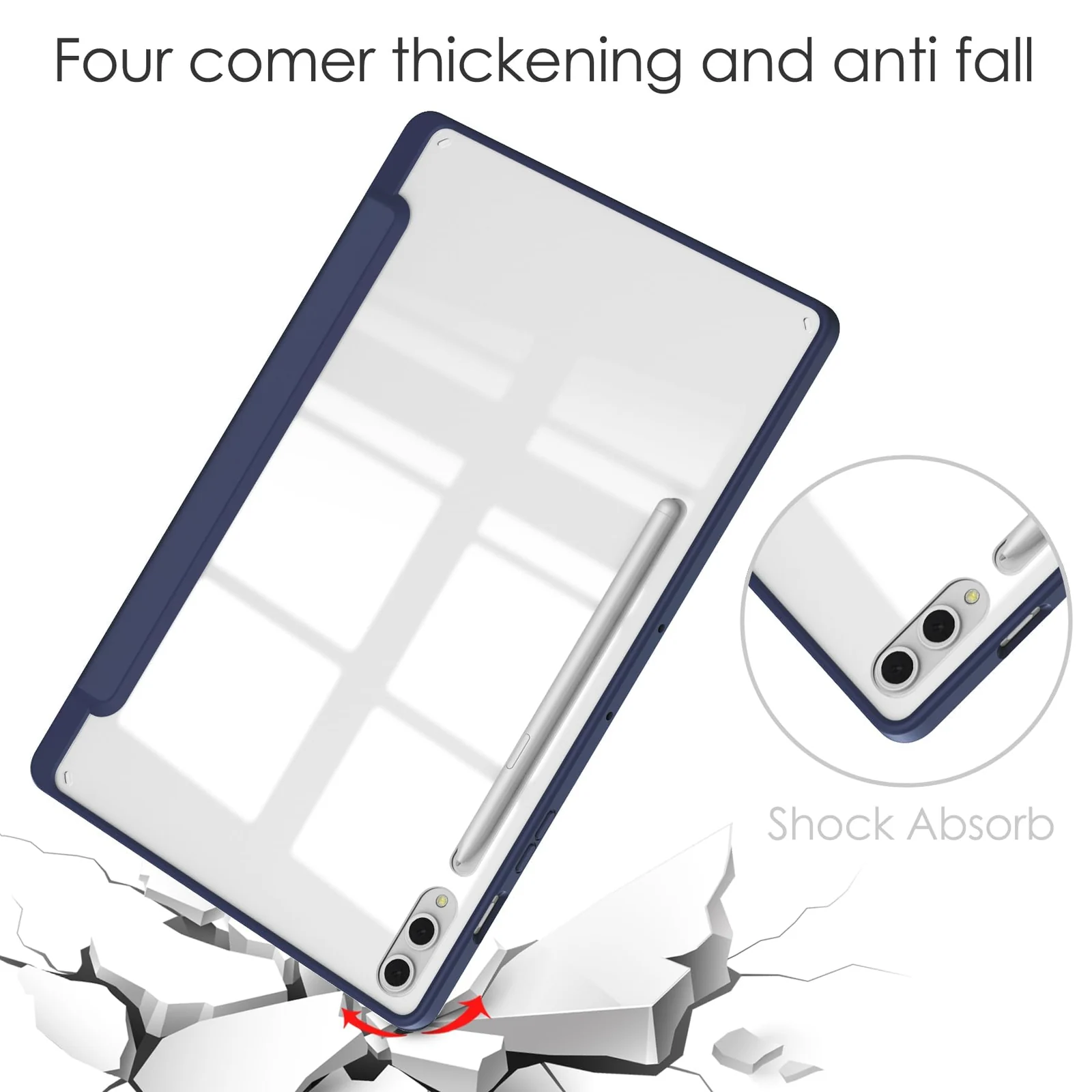 DL3 Mobilak Case for Samsung Galaxy Tab S10 Plus/Tab S9 Plus 12.4-Inch with S Pen Holder, Clear Transparent PC Back, Shockproof Tri-Fold Stand Tablet Cover, Auto Wake/Sleep - Blue