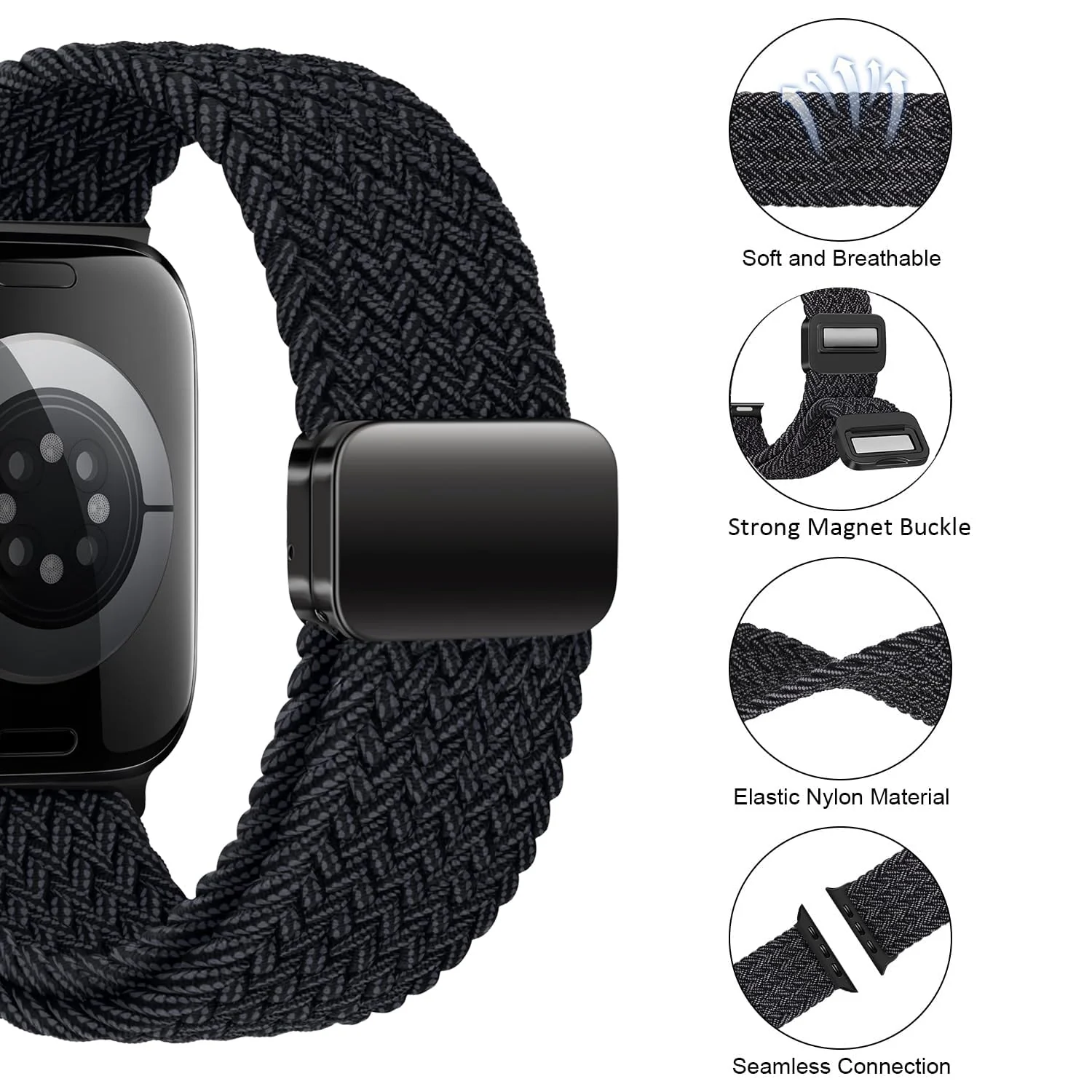 DL3 Mobilak Sport Solo Loop Compatible with Apple Watch Band 42mm 44mm 45mm 46mm 49mm for Women Men, Magnetic Strap Stretchy Braided Wristband for iWatch Series 11 10 9 8 7 6 5 4 3 Ultra 3 2 1 SE SE2 - Black Grey