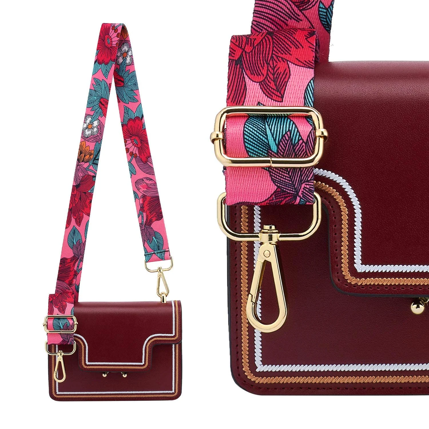 DL3 Mobilak Adjustable Wide Crossbody Bag Strap for Women, Replacement Shoulder Strap for Handbags, Totes & Purses with Elegant Embroidered Pattern and Metal Hooks - Oversized Floral