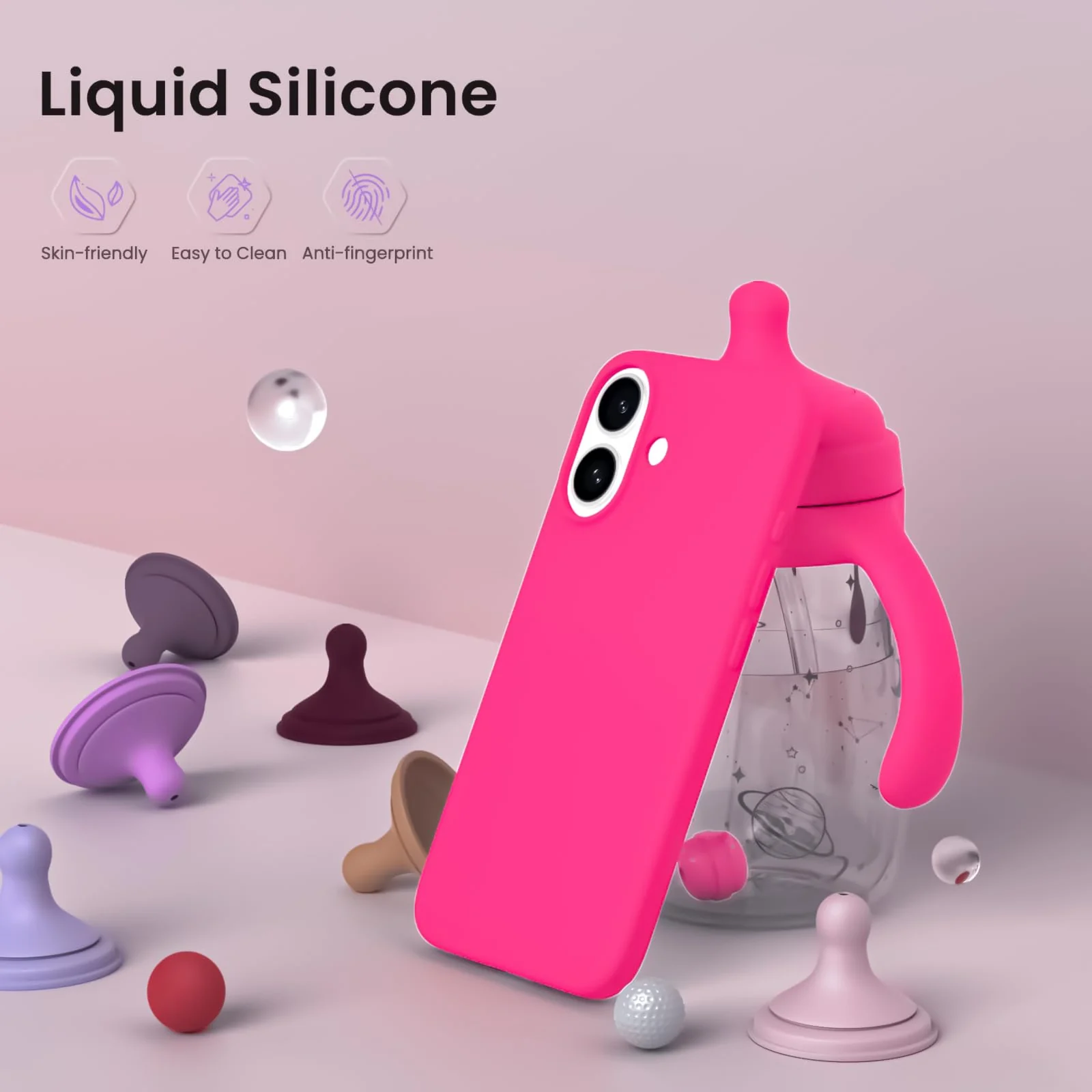 DL3 Mobilak Liquid Silicone Protective Case with Soft Microfiber Lining for iPhone 16 - Neon Pink