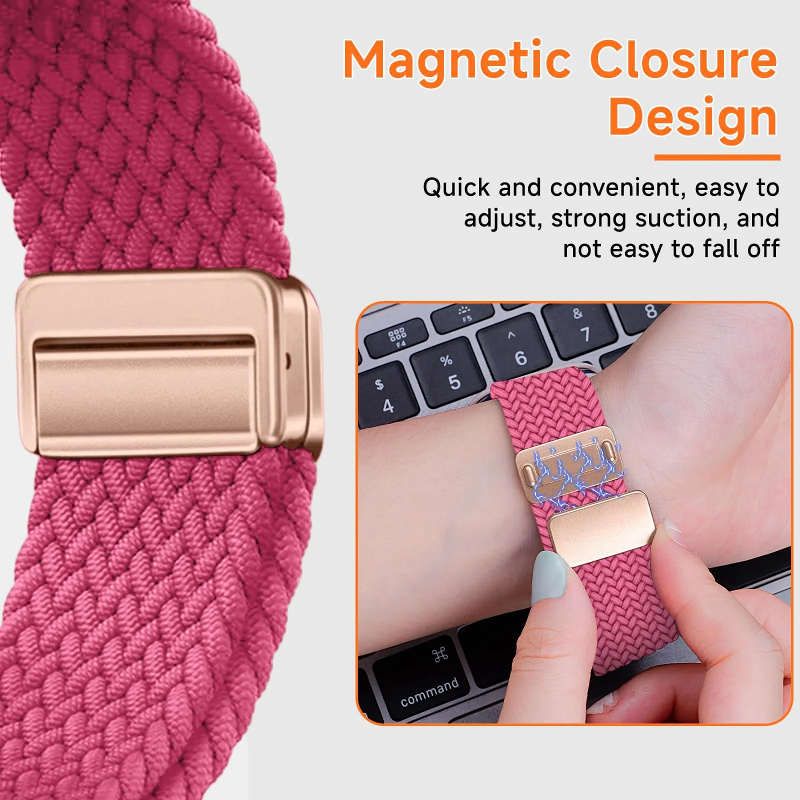 DL3 Mobilak Sport Solo Loop Compatible with Apple Watch Band 42mm 44mm 45mm 46mm 49mm for Women Men, Magnetic Strap Stretchy Braided Wristband for iWatch Series 11 10 9 8 7 6 5 4 3 Ultra 3 2 1 SE SE2 - Hot Pink