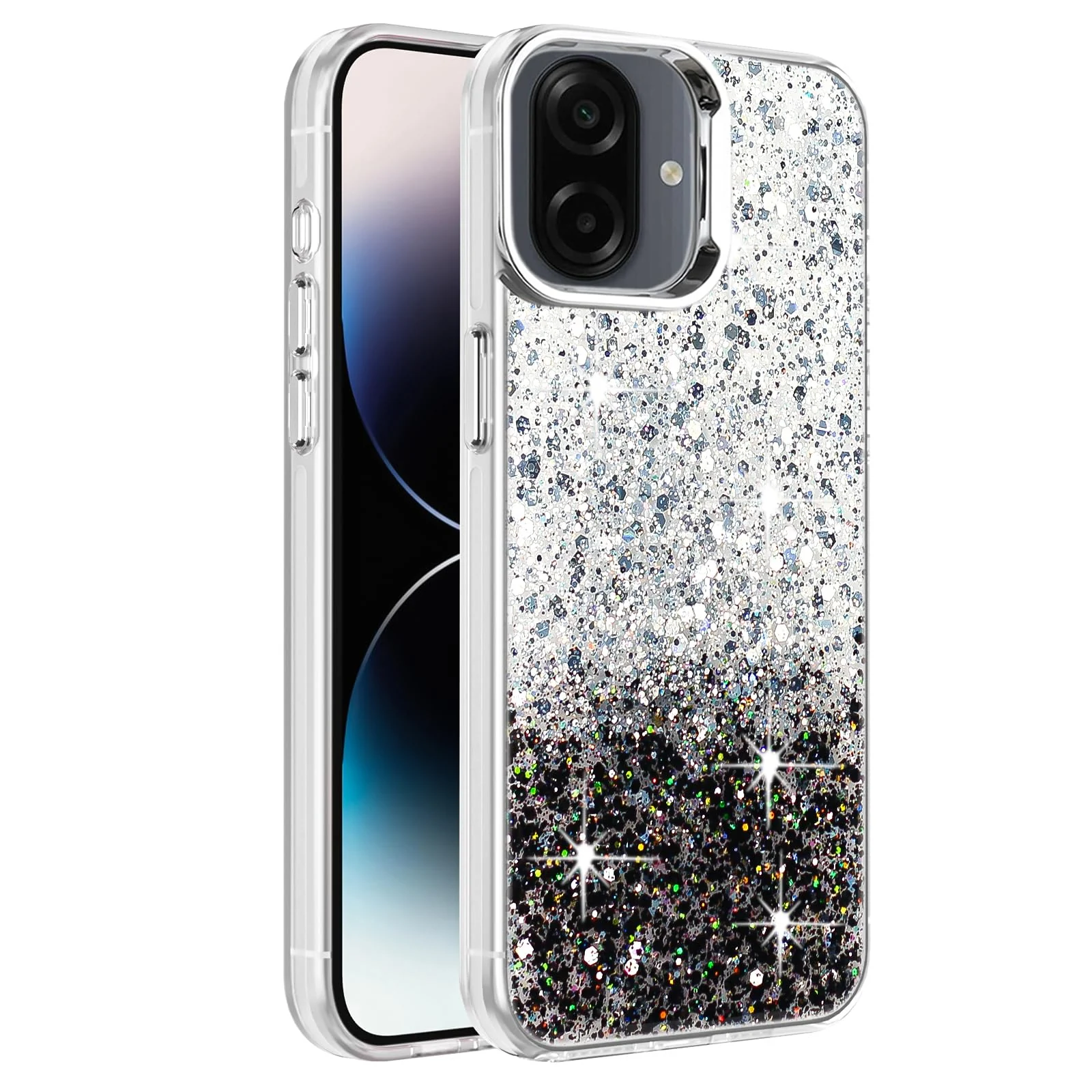 DL3 Mobilak Compatible with Samsung Galaxy A07 4G Case, Clear Glitter Bling Sparkly, Soft TPU Frame Bumper, Hard-Back Cover for Women & Girls, Transparent Protective Phone Case - White Black