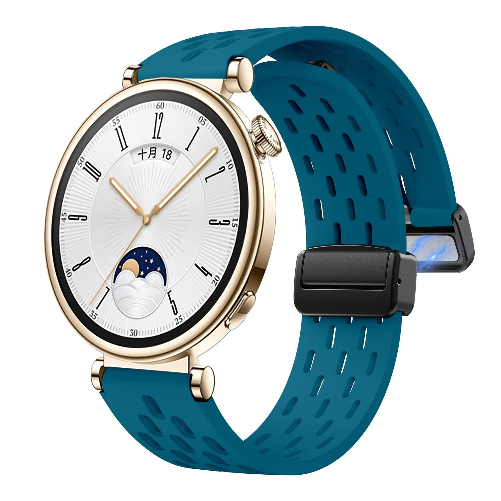 DL3 Mobilak 18mm Silicone Strap For Huawei Watch GT 6 41mm/GT 5 Pro 42 mm/GT 5 41mm/GT4 41 mm/Watch 5 42mm Magnetic Metal Buckle Sport Silicone Breathable Strap, Band Soft Replacment Wristband - Rock Green