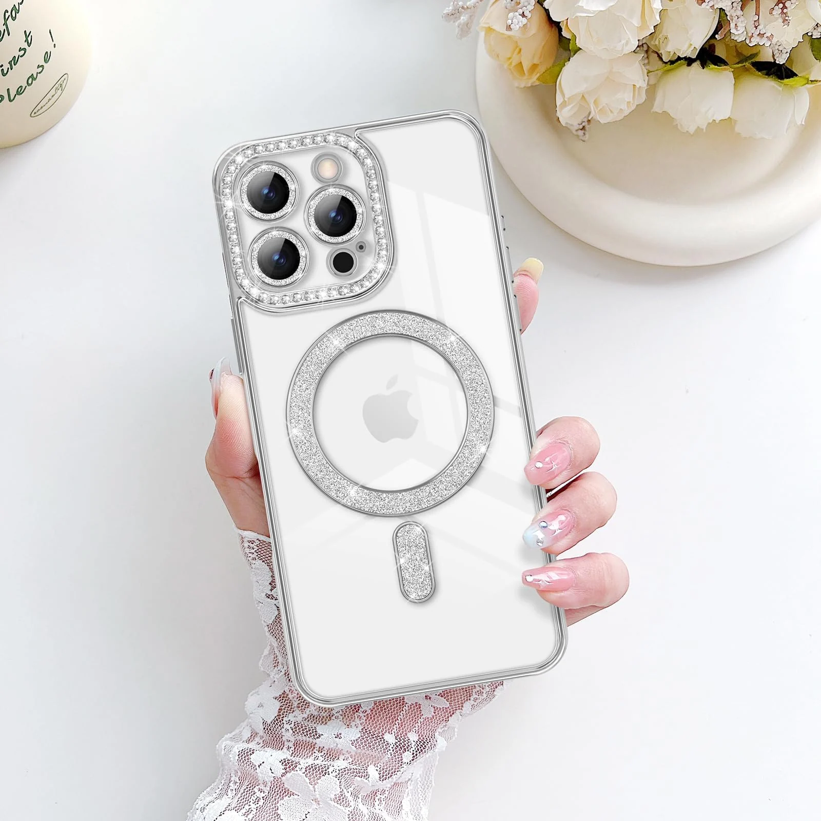 DL3 Mobilak MagSafe-Compatible Magnetic Case for iPhone 16 Pro Max with Camera Protection and Magnetic Car-Mount Support - Silver