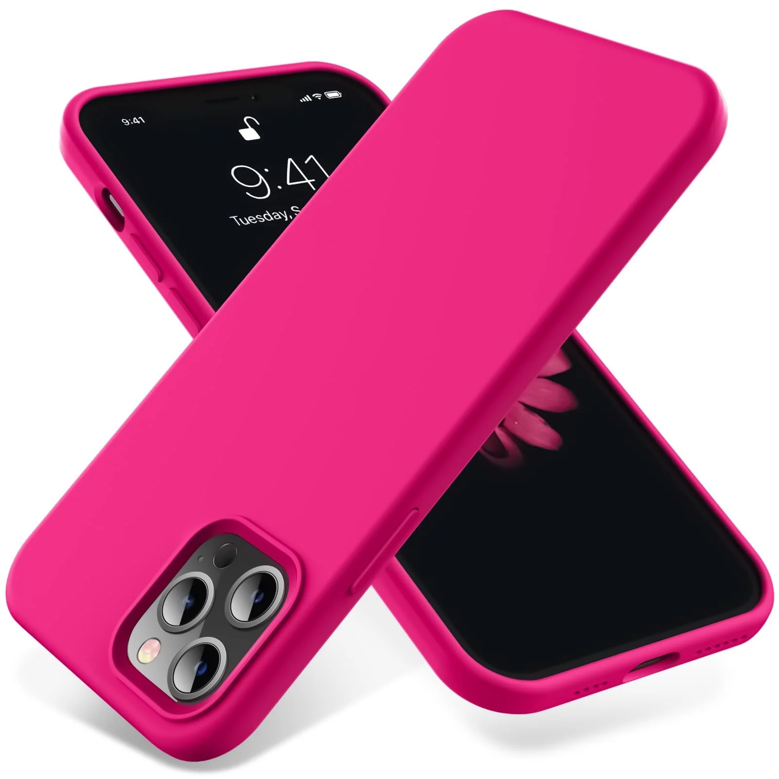 DL3 Mobilak Liquid Silicone Protective Case for iPhone 12 / 12 Pro (6.1 Inch) with Camera Protection and Microfiber Lining - Neon Pink