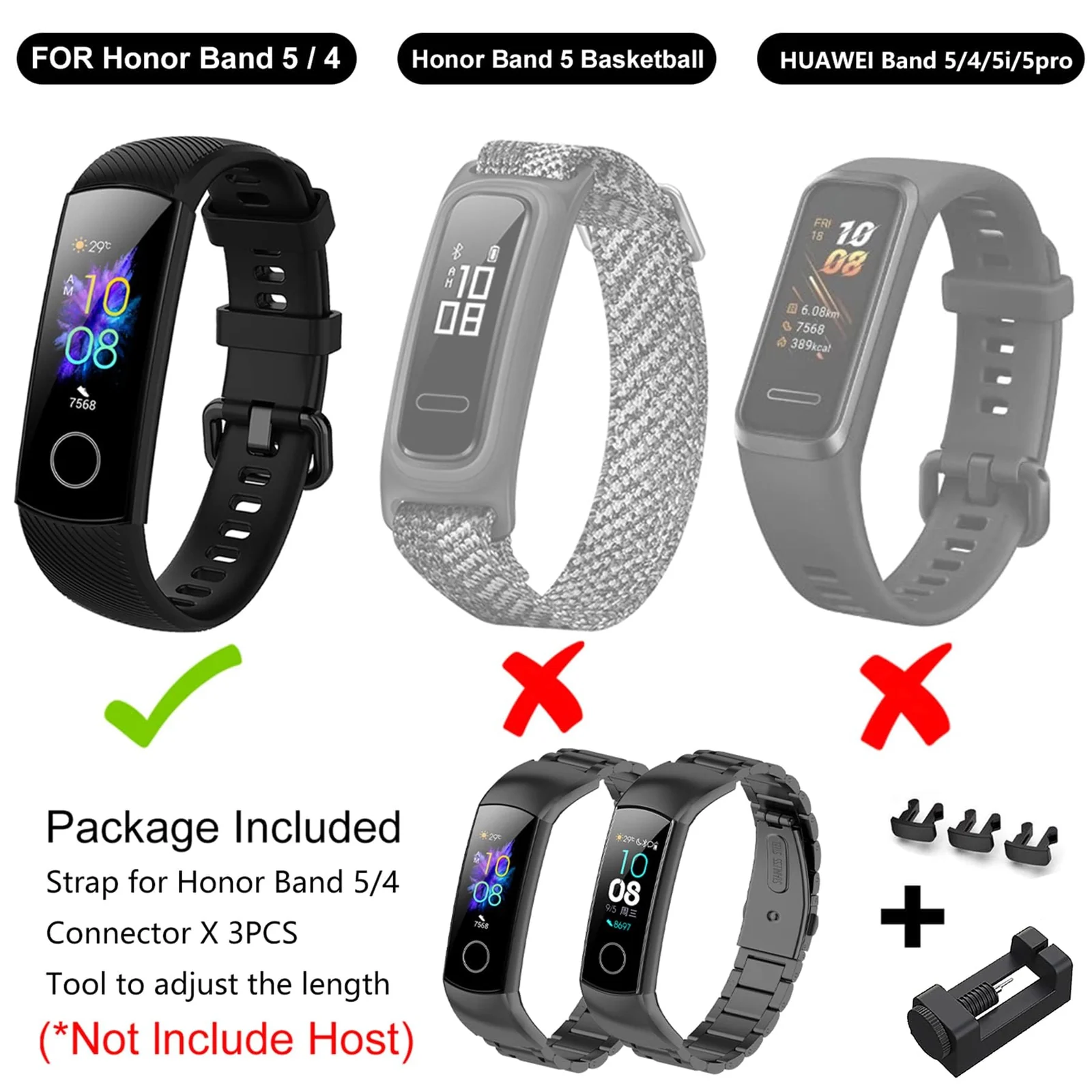 DL3 Mobilak Metal Strap Compatible With HONOR Band 5 and 4 - Adjustable Stainless Steel Buckle Wristband Replacement for Honor Band 5/4 - Black